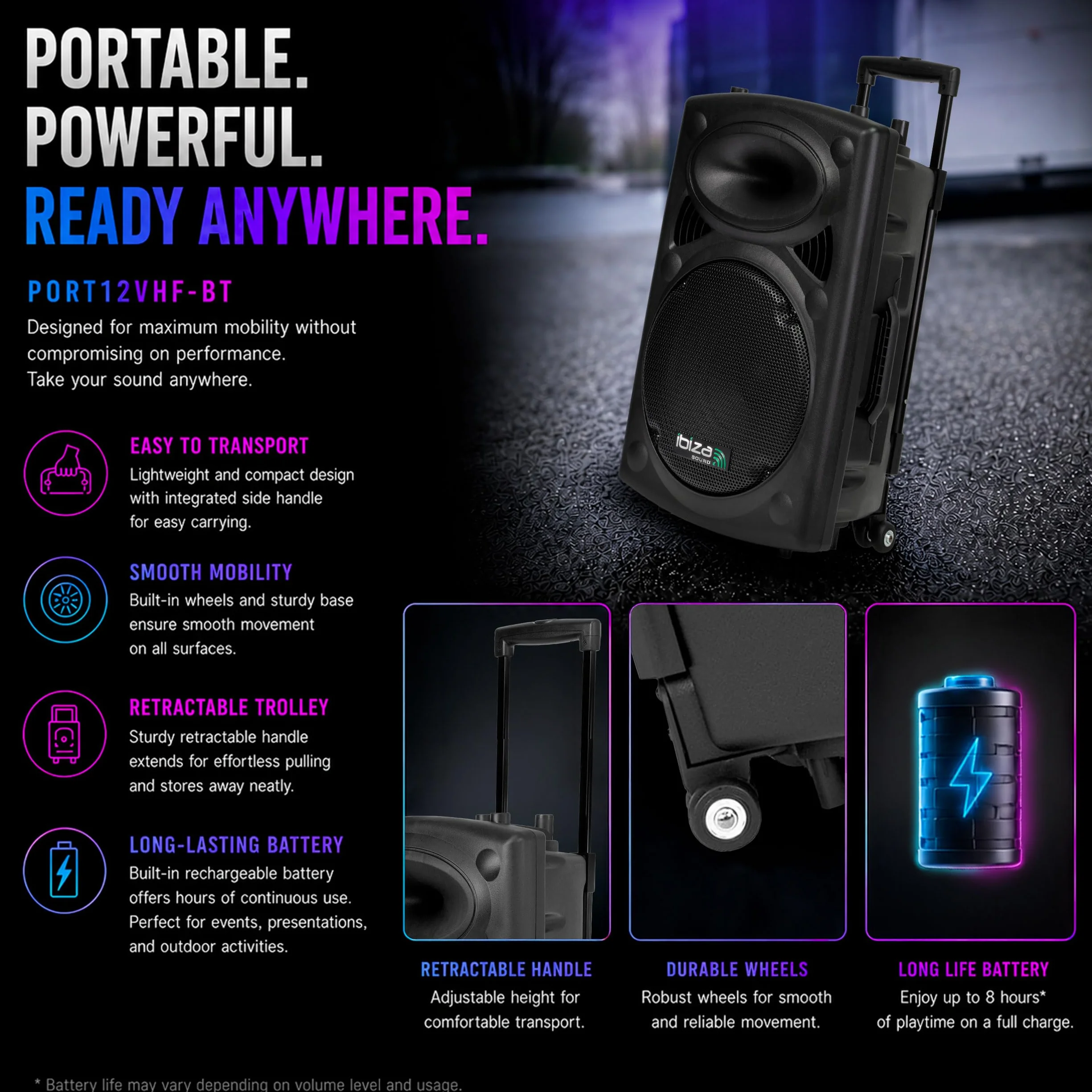 Ibiza PORT12VHF-BT Altavoz PA Portátil 12" 700W Máx. 350W RMS con 2 Micrófonos VHF TWS Trolley