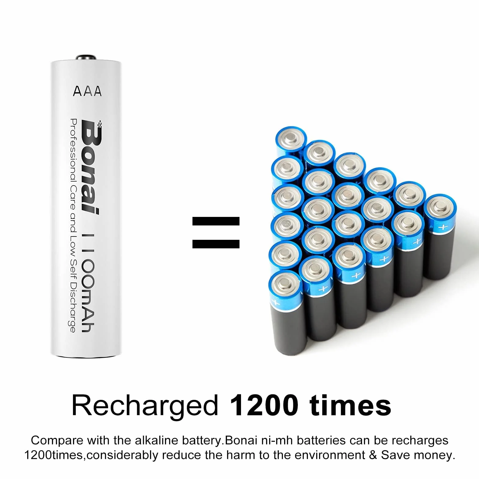 BONAI Pilas Recargables AAA 1,2V 1100mAh Ni-MH 1200 Ciclos Baja Autodescarga (8 Piezas)