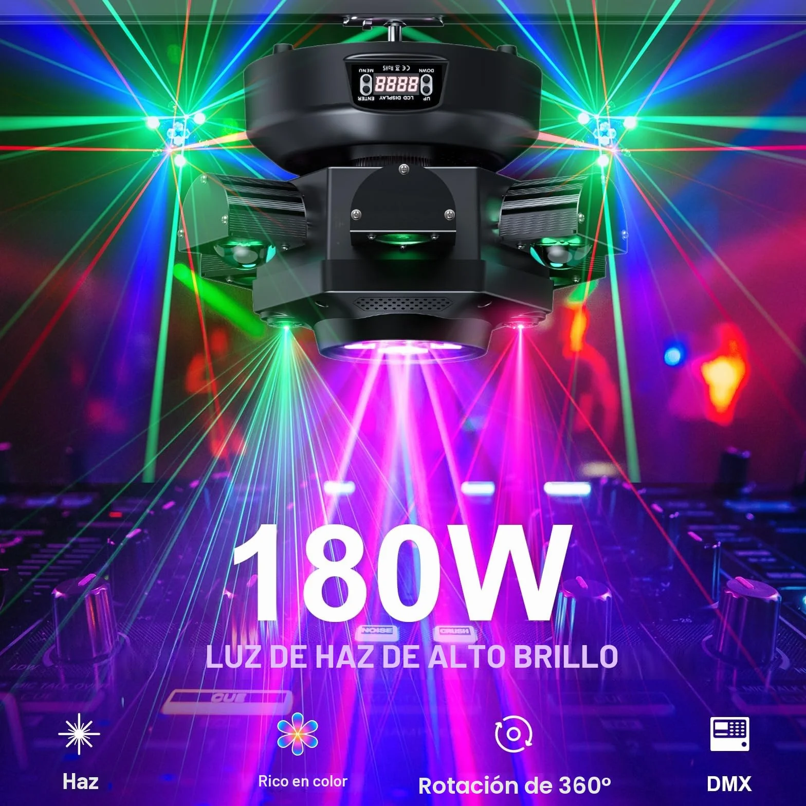 180W Cabeza Móvil LED RGBW Luz Discoteca 19CH Beam Moving Head para Fiestas Bodas Bar Iluminación de escenarios