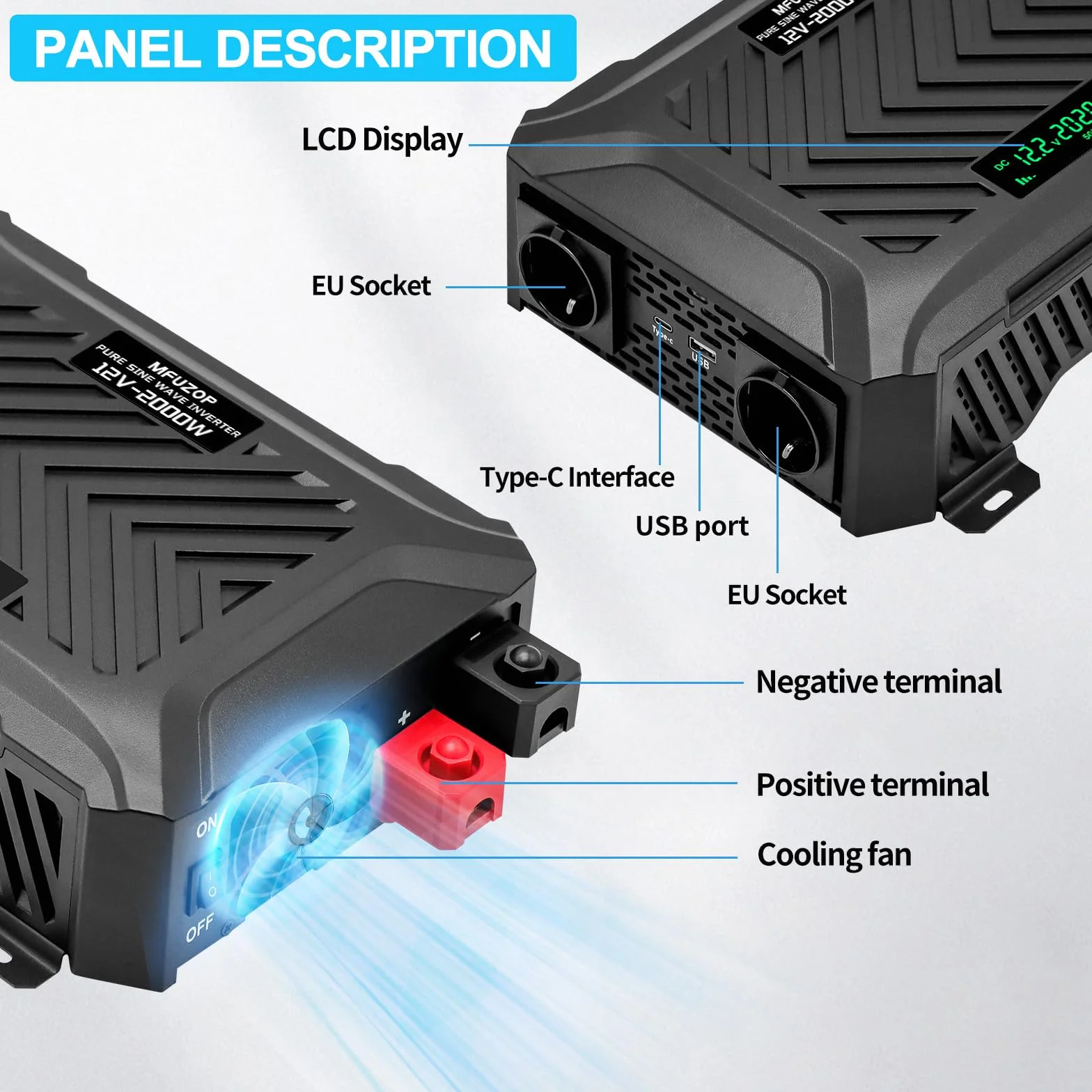 Inversor 12V 220V Onda Pura 2000W, Transformador con 2 Enchufes EU, Convertidor Potencia Pico 4000W, 1 USB-C & 1 USB-A (2,1A) para Camión Caravana Equipos Solares