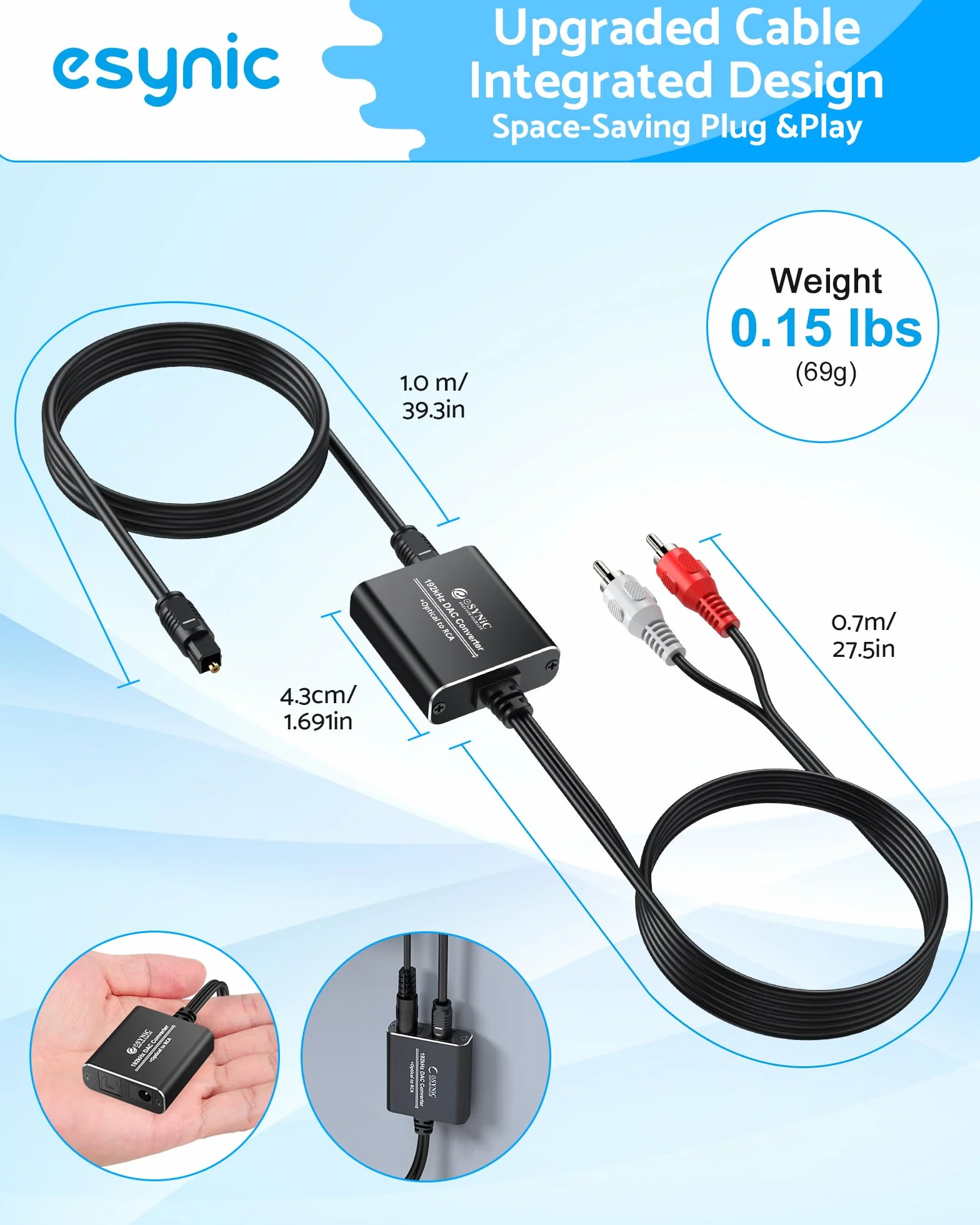 eSynic Convertidor SPDIF a RCA 192kHz DAC Cable 1.8m Óptico Toslink a RCA Adaptador Audio Digital a Analógico