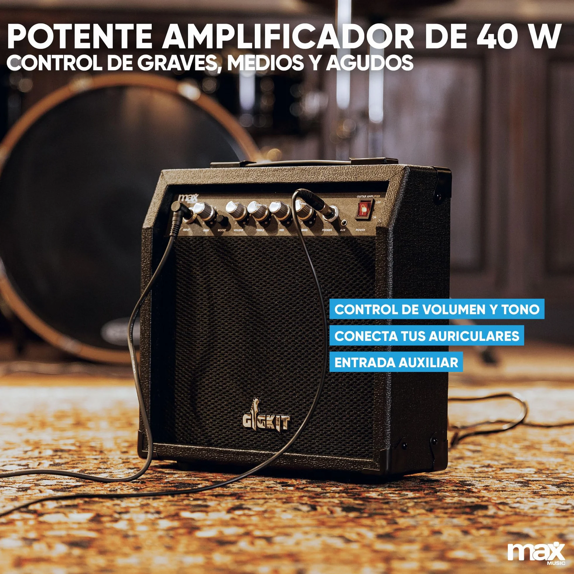 MAX GigKit Pack Guitarra Eléctrica Azul Oscuro Quilted con Amplificador 40W, Afinador, Funda, Correa y Juego de Cuerdas – Set de Iniciación Completo para Principiantes o Regalo Musical Perfecto