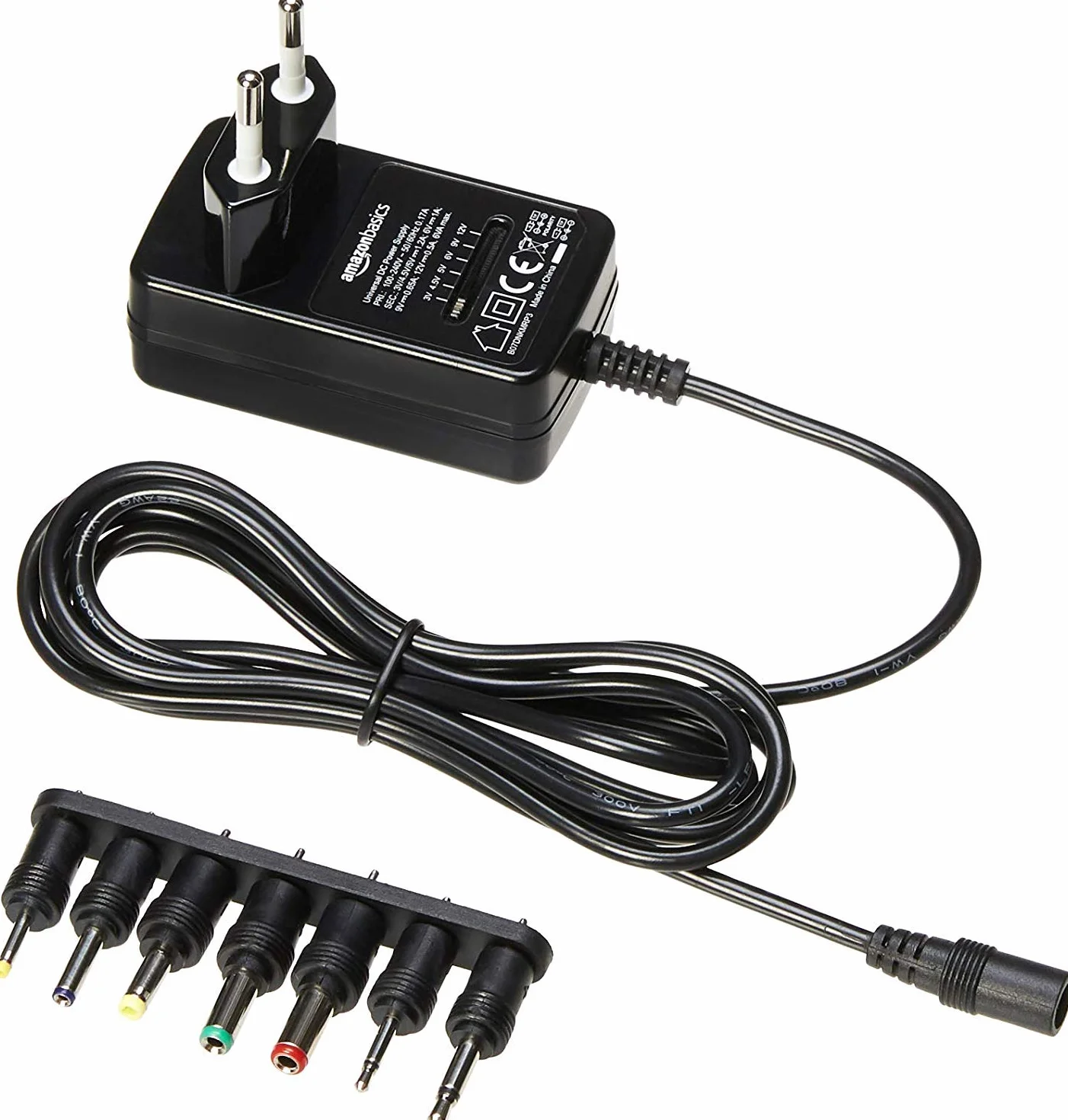 Amazon Basics Adaptador de Fuente de alimentación de CC, Universal, con 7 Conectores Intercambiables, 3-12 V, polaridad Reversible, Extra Grande, Negro