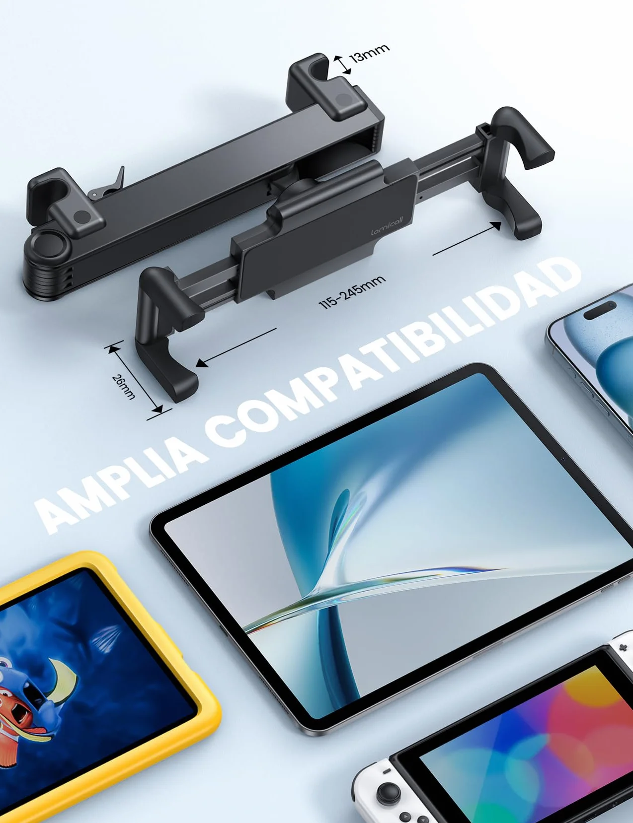 Lamicall Soporte Tablet Coche - [Plegable Clip Silicona Ancho] [Brazo Metálico] Soporte Tablet Reposacabezas Plegable, 360° Rotación, para iPad Pro, Air, Mini 6 5 4 3, Tab, Otros 6,1-13" Dispositivo