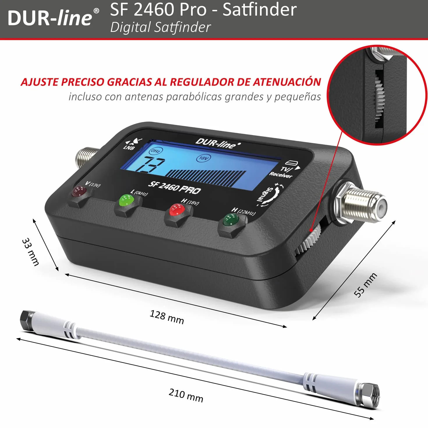 DUR-line SF 2460 Pro – Digital Satfinder – Medidor preciso para alinear tu cuenco satelital – Buscador de satélite, incluye cable F, señal de sonido, pantalla LCD, Astra, Hotbird