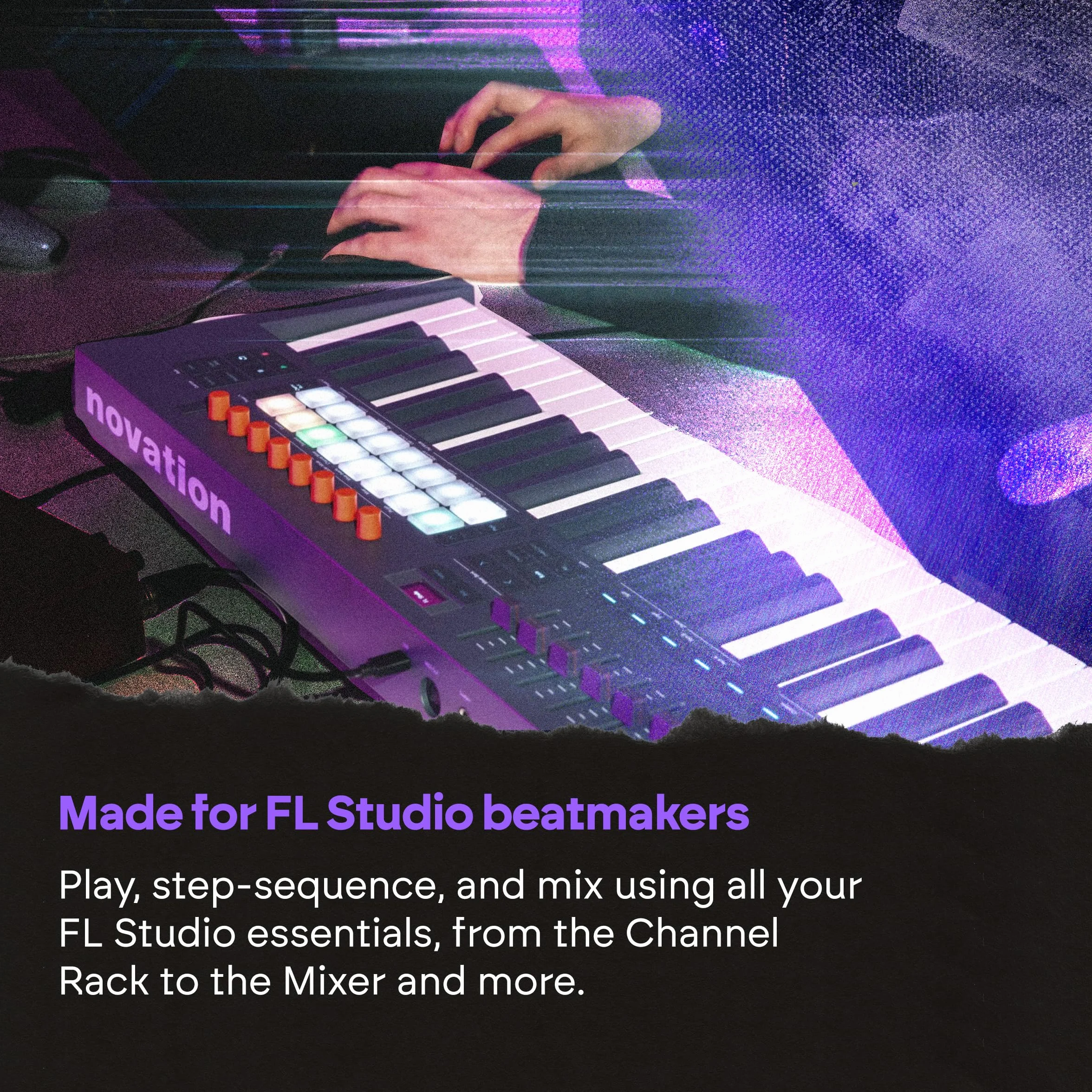 Novation FLkey 2 49 — Teclado controlador MIDI de 49 teclas para FL Studio. Teclas semicontrapesadas, USB, ruedas de tono y modulación, 16 pads de percusión y arpegiador. Incluye 6 meses de FL Studio