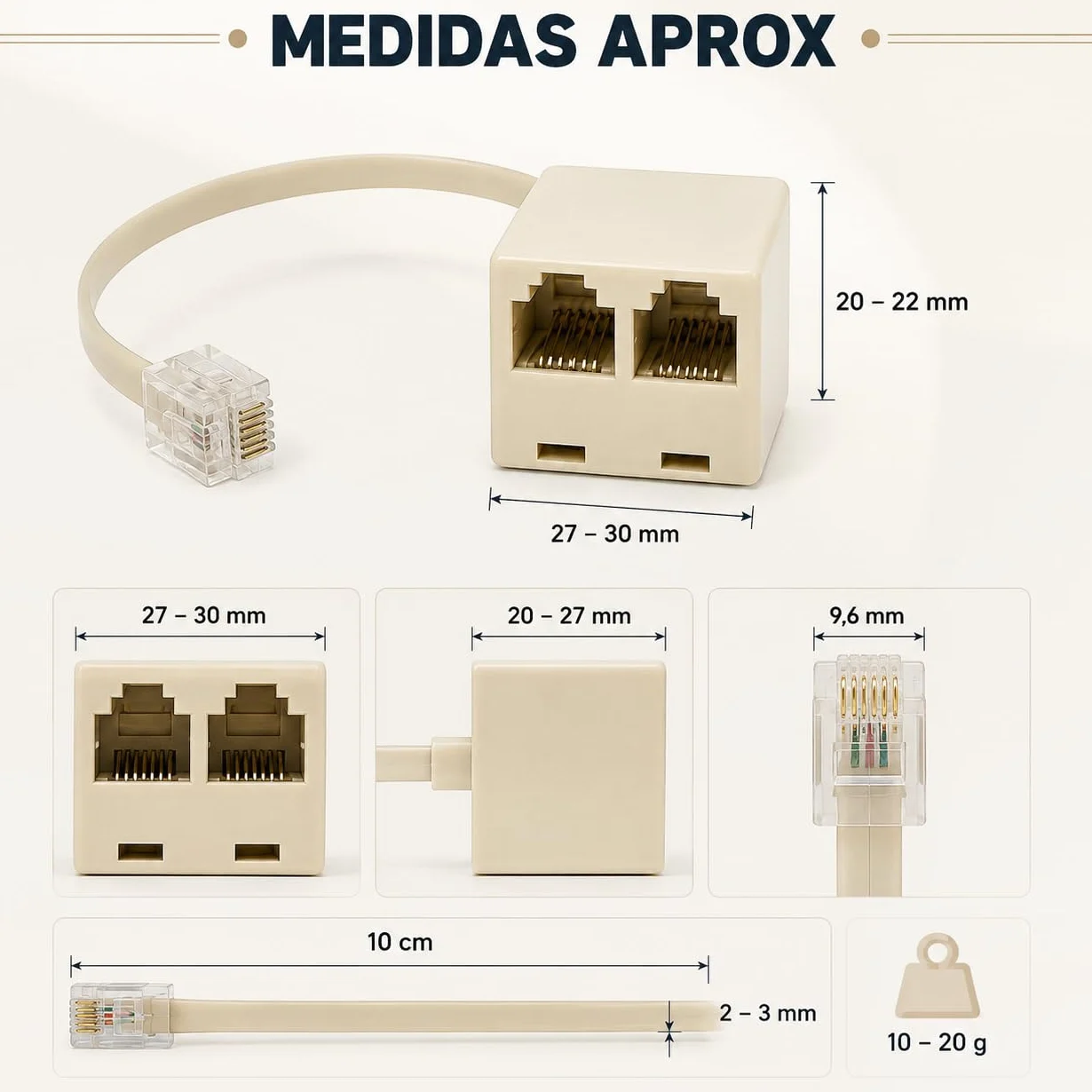 CABLEPELADO Bifurcador de telefono 6P4C RJ11 Macho a Doble RJ11 | Adaptador con cable - Beige