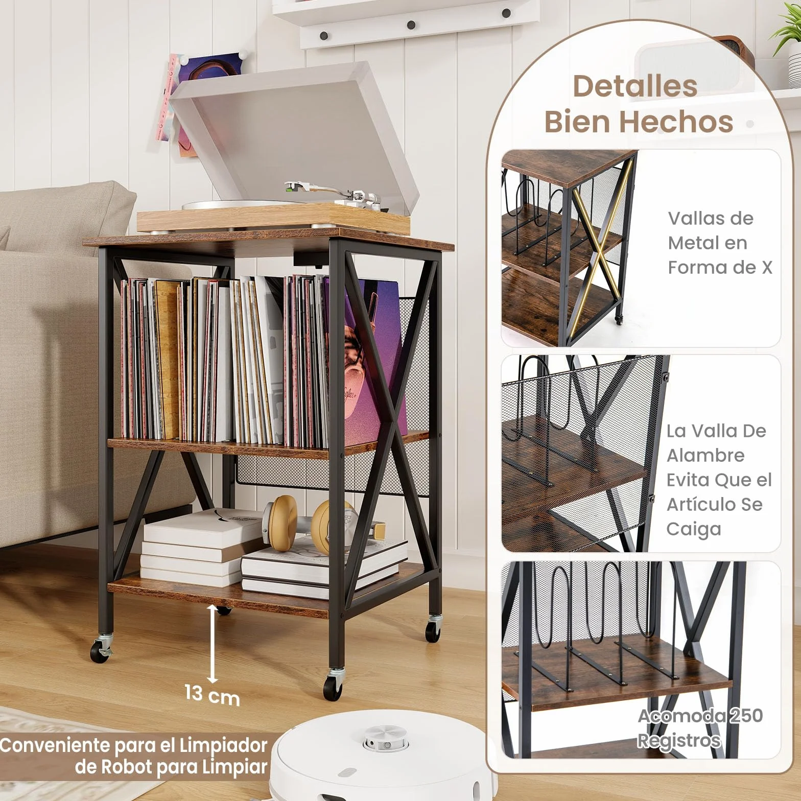 GIANTEX Soporte para Tocadiscos con Estación de Carga, 52 x 45 x 75 cm, Mesa Auxiliar con Espacio para Almacenar Discos de Vinilo, con 4 Ruedas, Estantería de Discos para Salón, Dormitorio (Marrón)