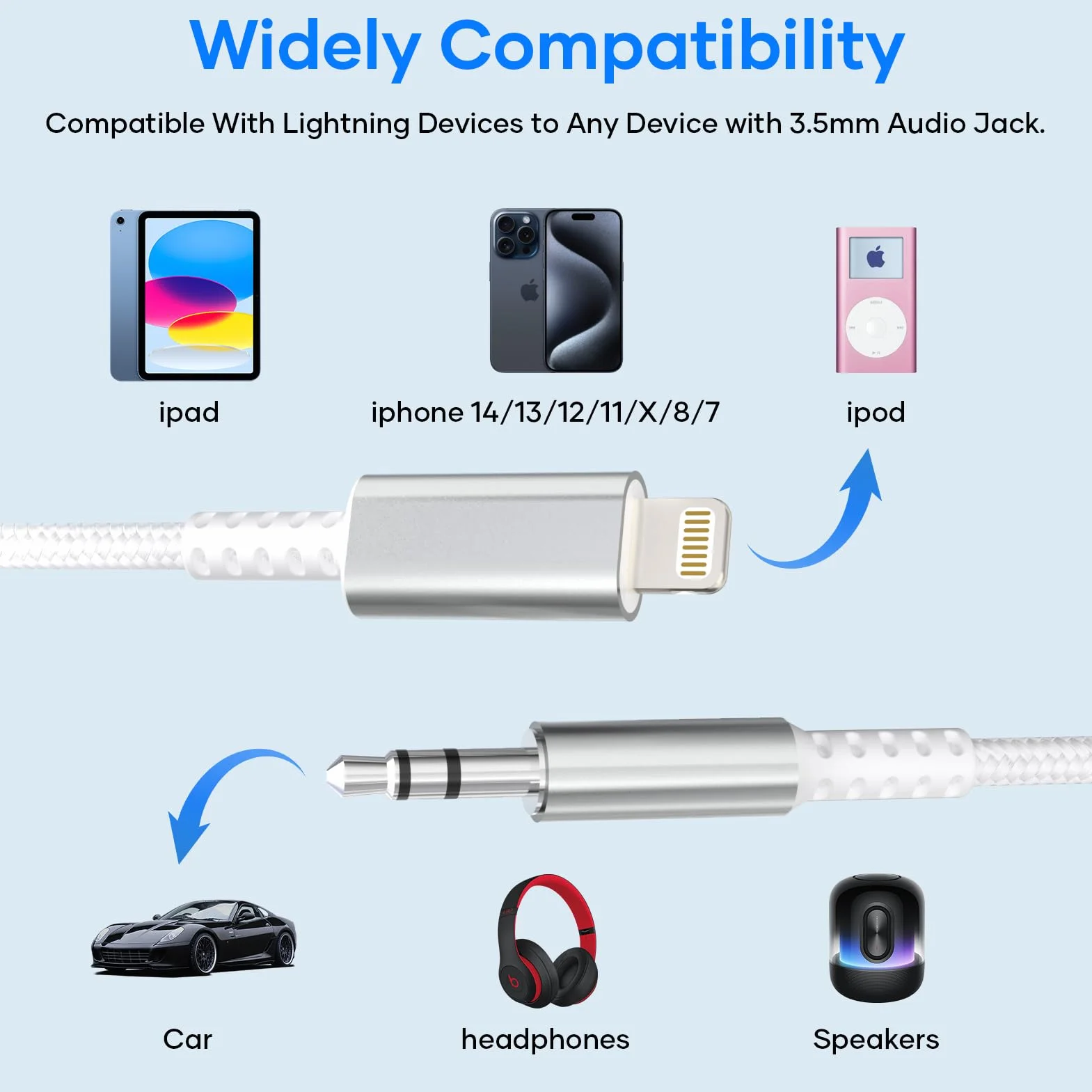 Cable Auxiliar Coche i Phone 1,2M [MFi Certificado] Cable Aux i Phone Light-ning to Jack 3.5 mm Audio HiFi Compatible con iPhone 14/13/12/11/X/8 para Autorradio/Auriculares/Altavoces, Plata