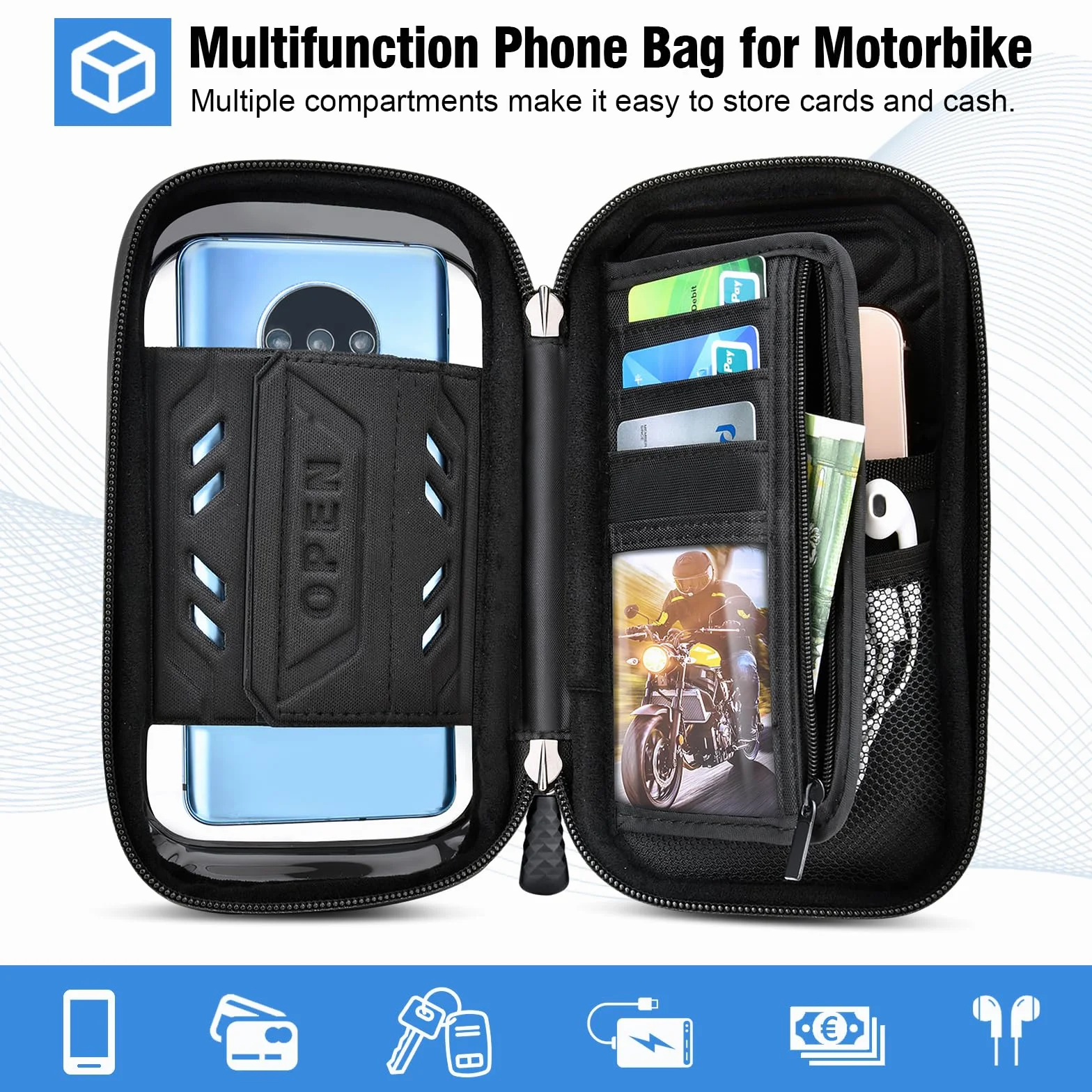 Soporte Movil Moto, Soporte Movil Scooter 360° Rotación Porta Móvil Moto Impermeable para Retrovisor con Pantalla Táctil para 4,0-7,2" Teléfono (Negro)