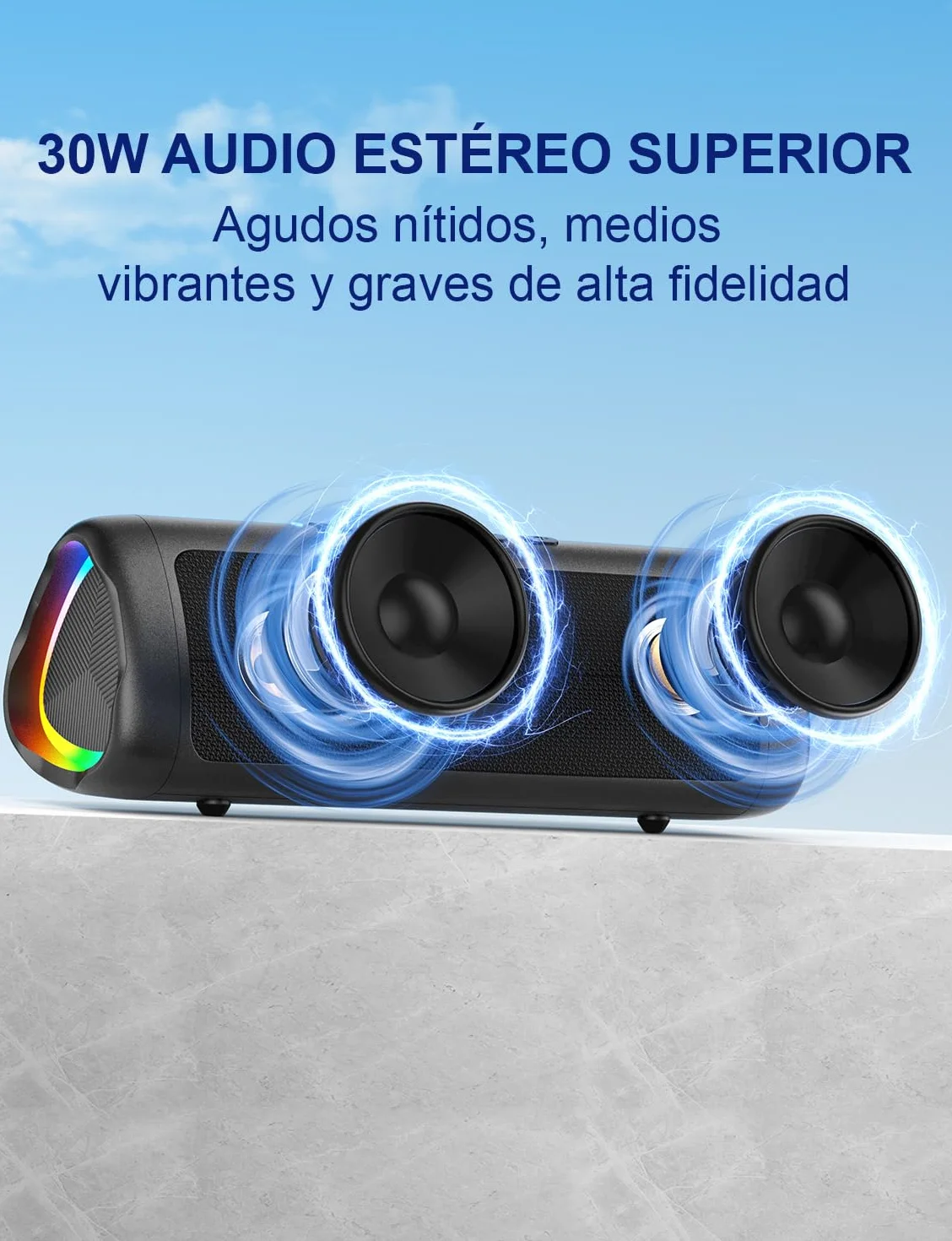 UOHHBOE Altavoz Bluetooth 5.3, 30W Potente con Luz LED, IPX5, 24H Reproducción, TWS