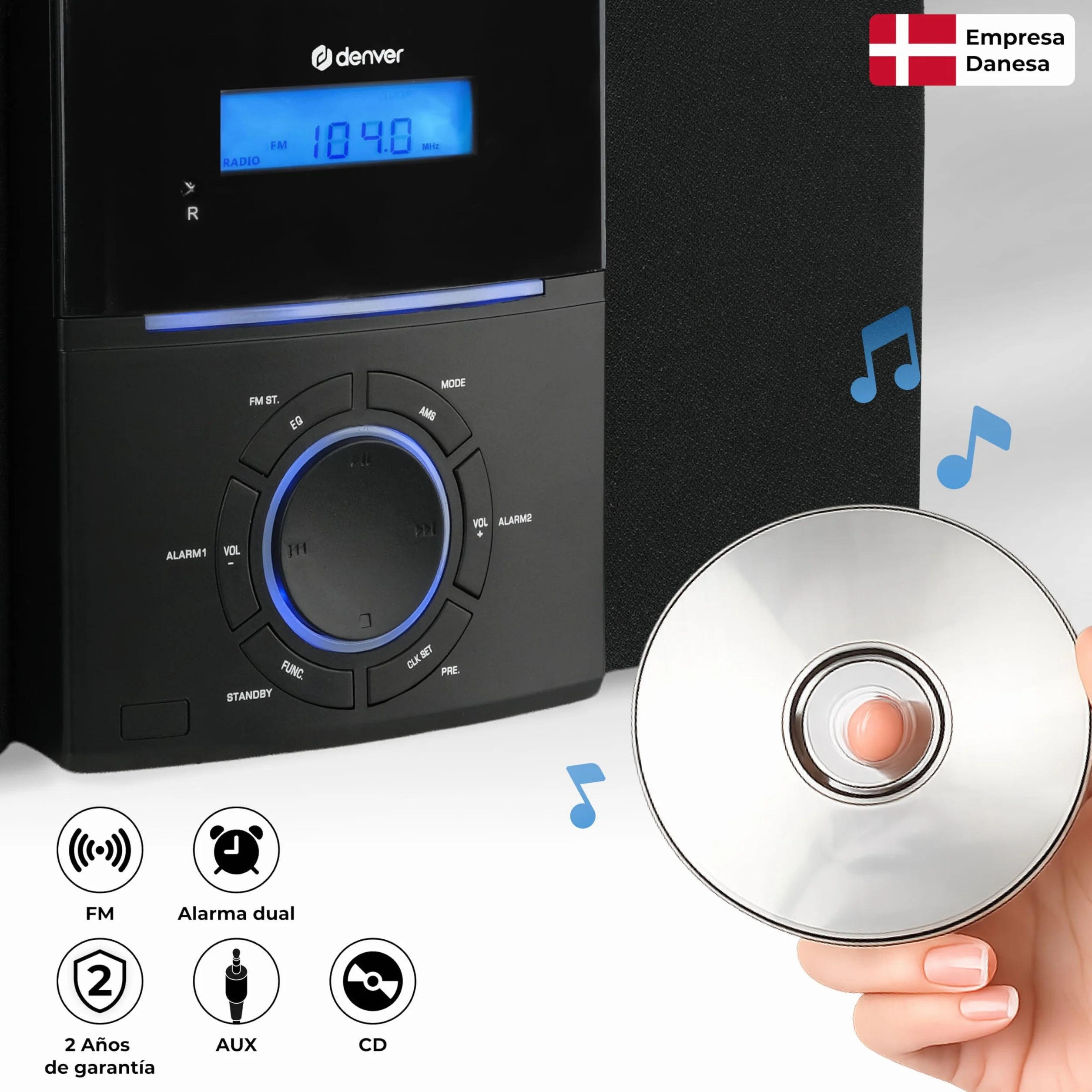Denver MCA-240 Microcadena con CD y Radio FM, 30 presintonías, AUX, Auriculares, Mando a Distancia, Doble Alarma, 2 x 2 W RMS