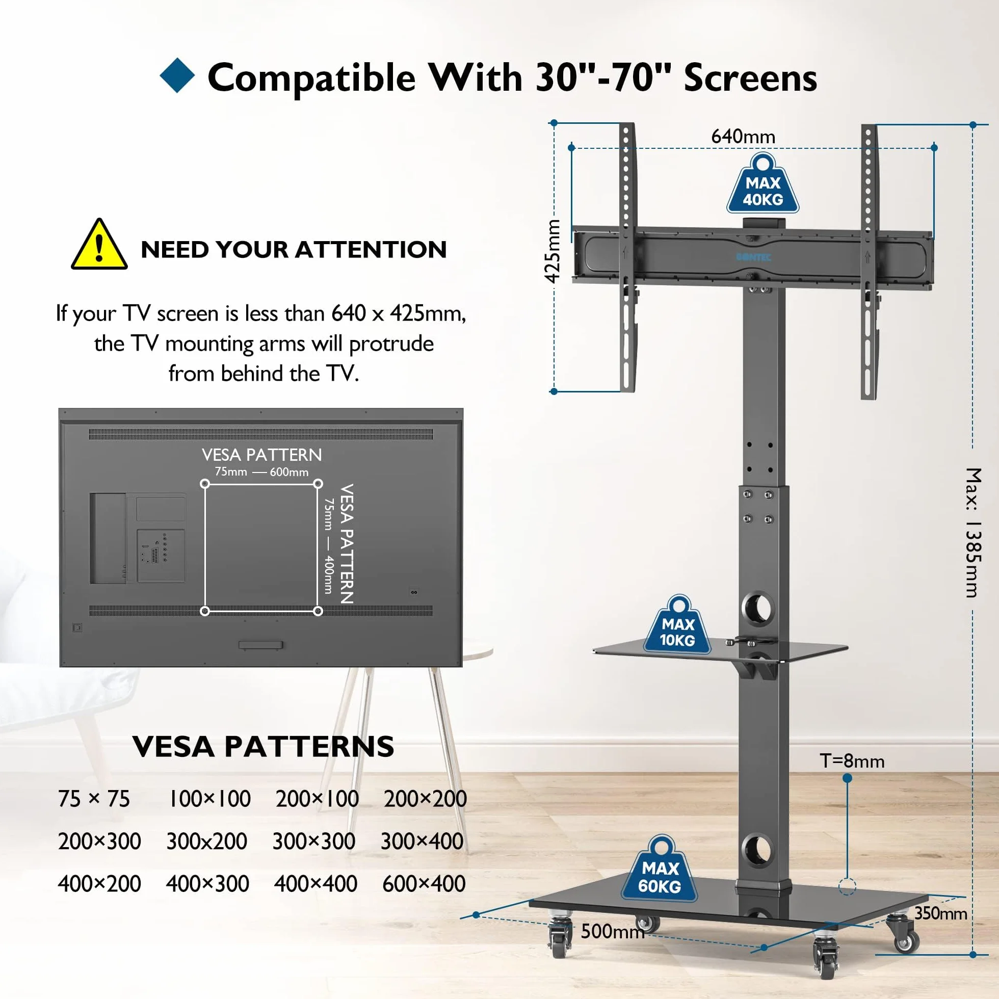 BONTEC Soporte TV Ruedas 30-70 Pulgadas Plasma LCD LED, Altura Ajustable 6 Niveles, 2 Vidrio Templado, 40 kg, VESA 600x400 mm