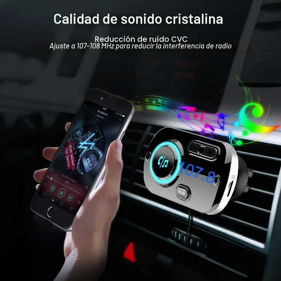 SONRU Upgrade Transmisor FM Bluetooth 5.3 Coche, Manos Libres para Vehículos, Reproductor MP3 Coche, Carga Rapida QC3.0 & PD 20W USB Portes, Apoyo Tarjeta TF, Salida AUX, SIRI/Google, Cable de 1.1M