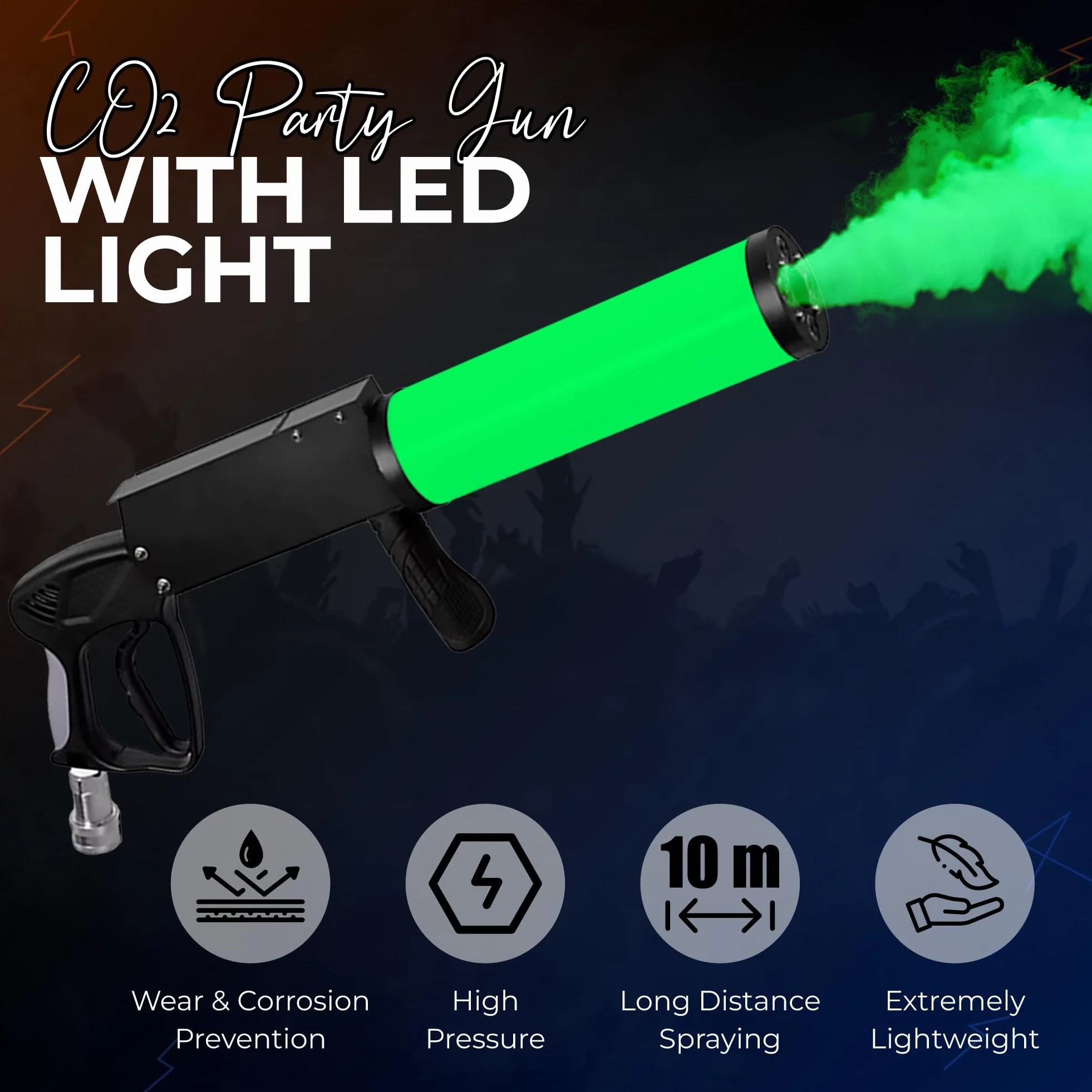 Arma de fiesta de CO2 con alcance de 6 m, cable de 3 m + tubo de salida sin escarcha, pistola de CO2 de alta calidad, adecuada para DJ Club Stage Stage, máquina de chorro (pistola LED)