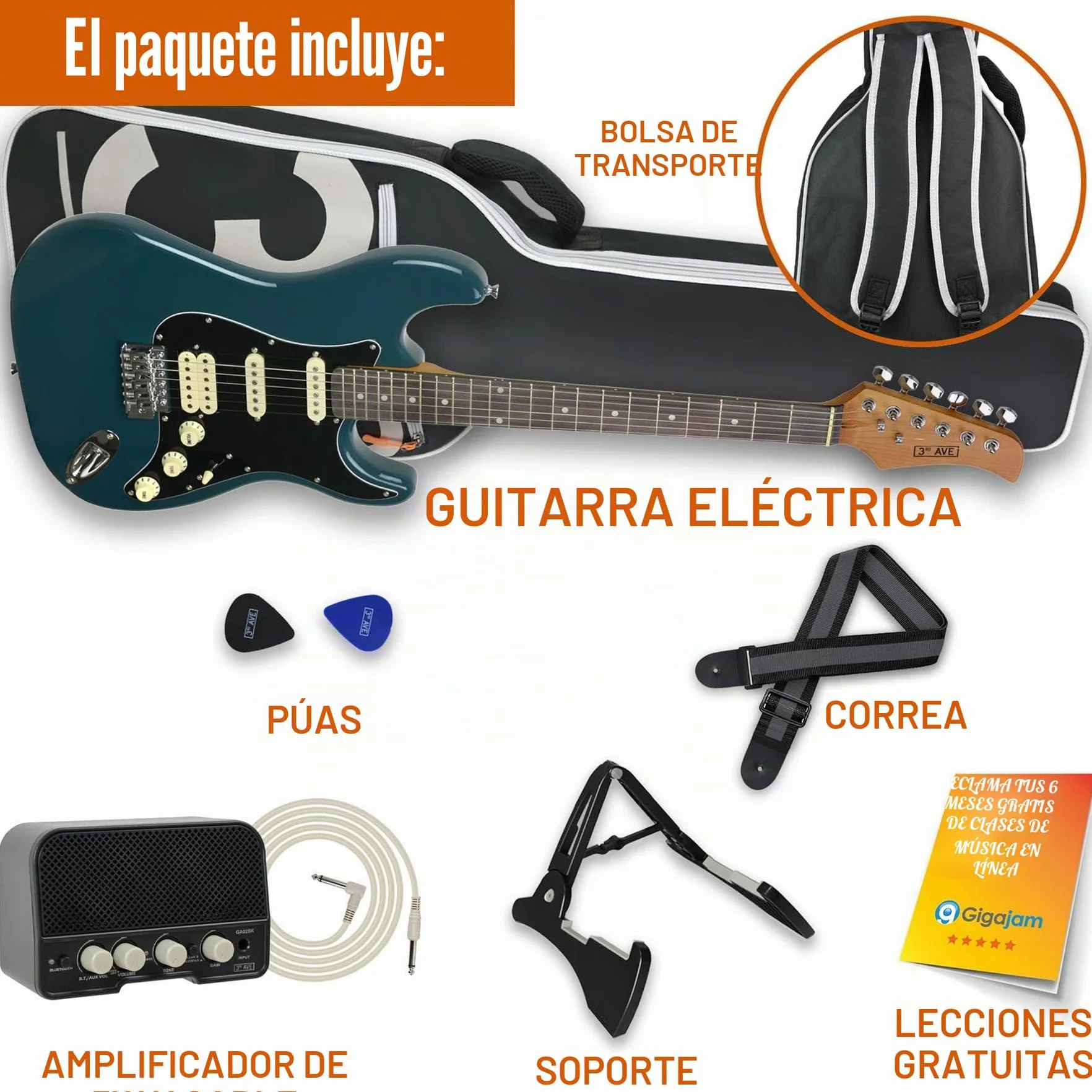 3rd Avenue Stateside Kit definitivo de guitarra eléctrica 4/4 de tamaño completo de con amplificador de 5 W, cable, soporte, funda acolchada, correa, púas, LECCIONES GRATUITAS - Delta Blue
