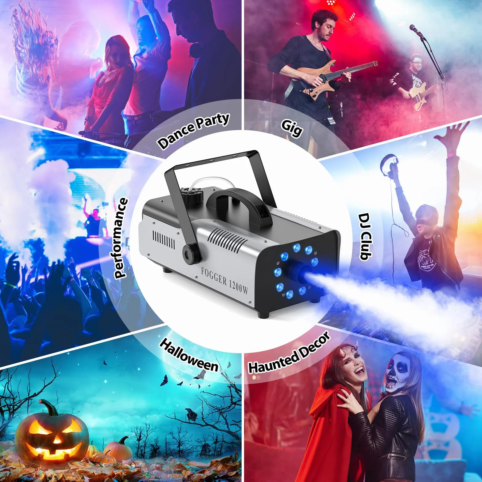Máquina de Humo Automática 1200W 9 RGB LED Máquina de Niebla Colores Efectos con Remoto Inalámbrico Portátil Fog Machine para Hogar Fiesta Boda Espectáculo Bar Escenario Halloween Navidad