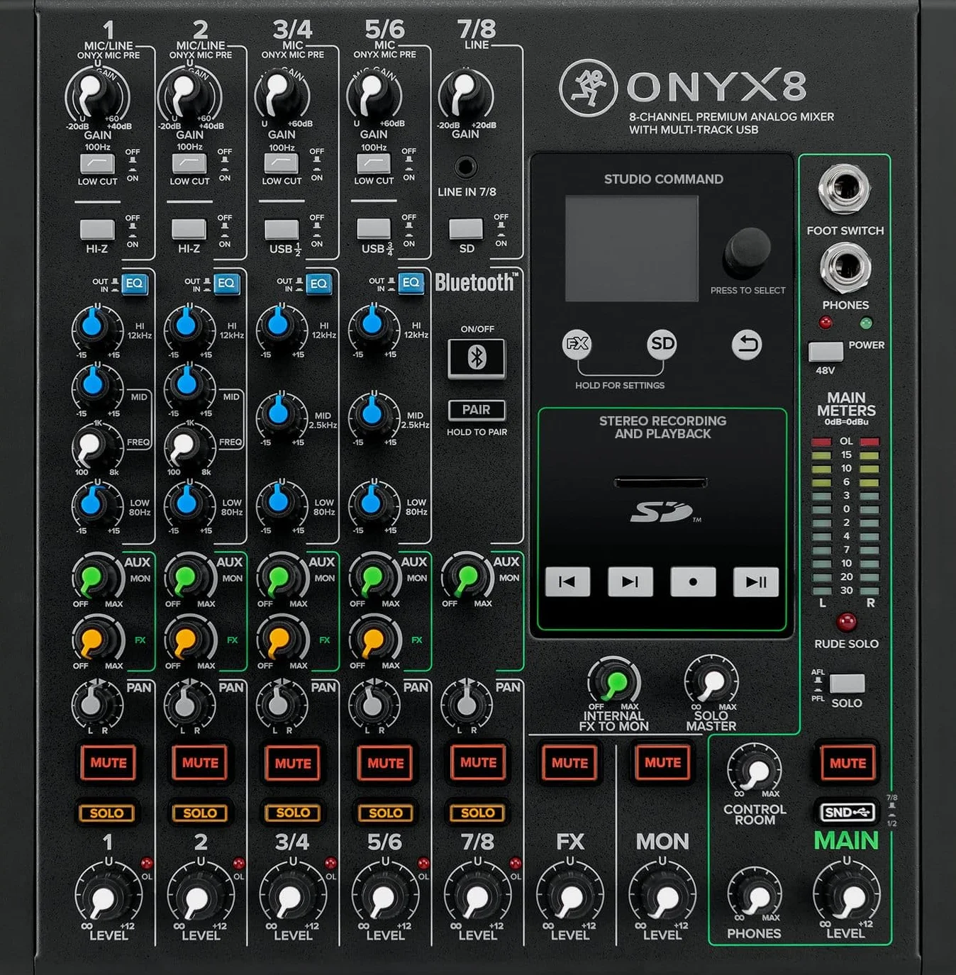 MACKIE Onyx8 Mezclador Analógico Premium de 8 Canales con USB Multi-Pista