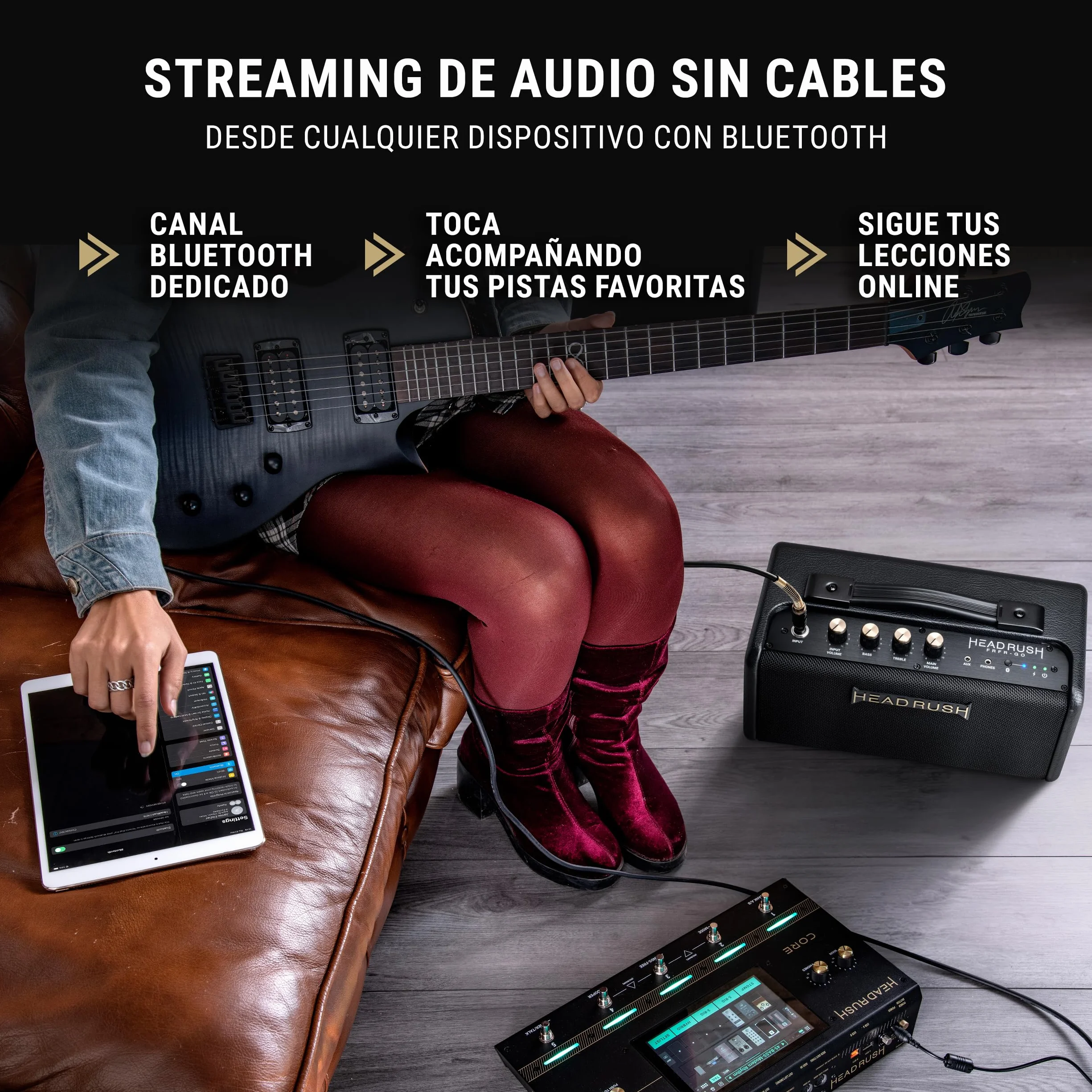 HeadRush FRFR-GO - Amplificador 30W para Guitarra Electrica y Bajo con Altavoces duales 3", Bluetooth y Batería Recargable, para Pedales de Modelado