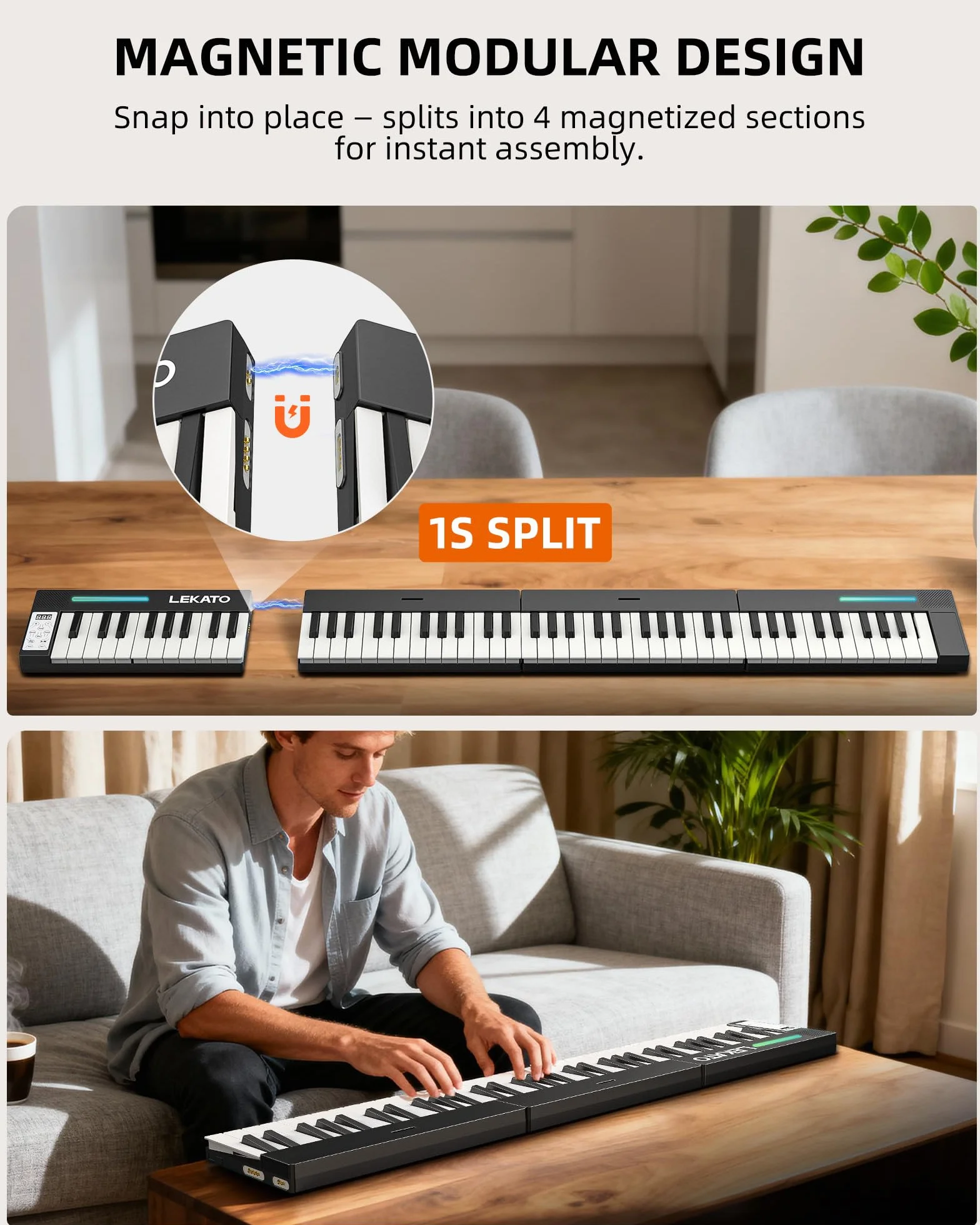 LEKATO teclado piano portátil 88 teclas magnético plegable piano electrónico 128 sonidos 128 ritmos Bluetooth MIDI split dual tone grabación auriculares principiantes hogar viaje