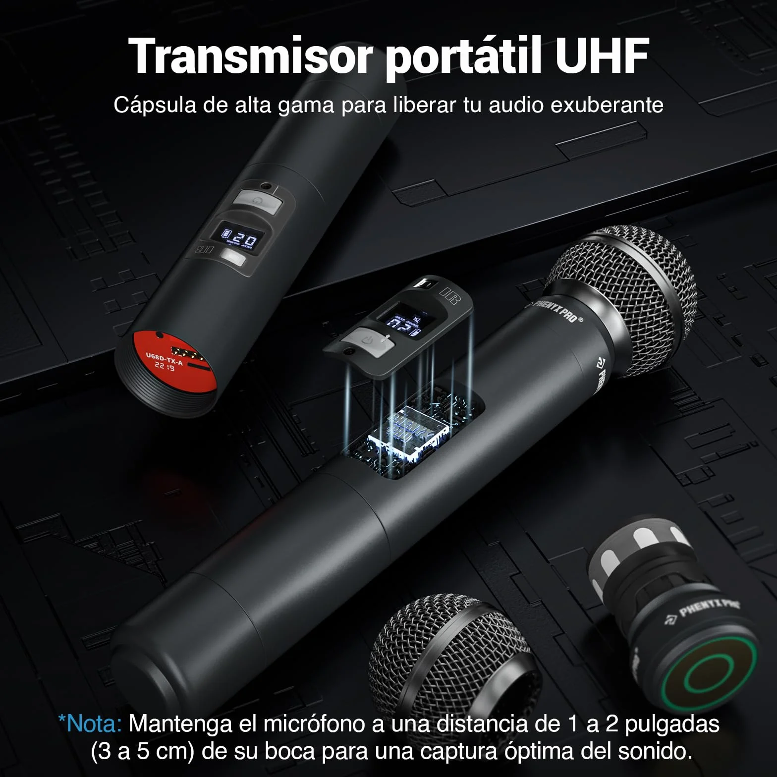 Phenyx Pro Sistema de micrófono inalámbrico profesional, w / 2 de mano, Exploración automática, 2x100 frecuencias UHF, 328 pies de alcance, micrófono dinámico para cantar, karaoke, Iglesia (PTU-71-2H)