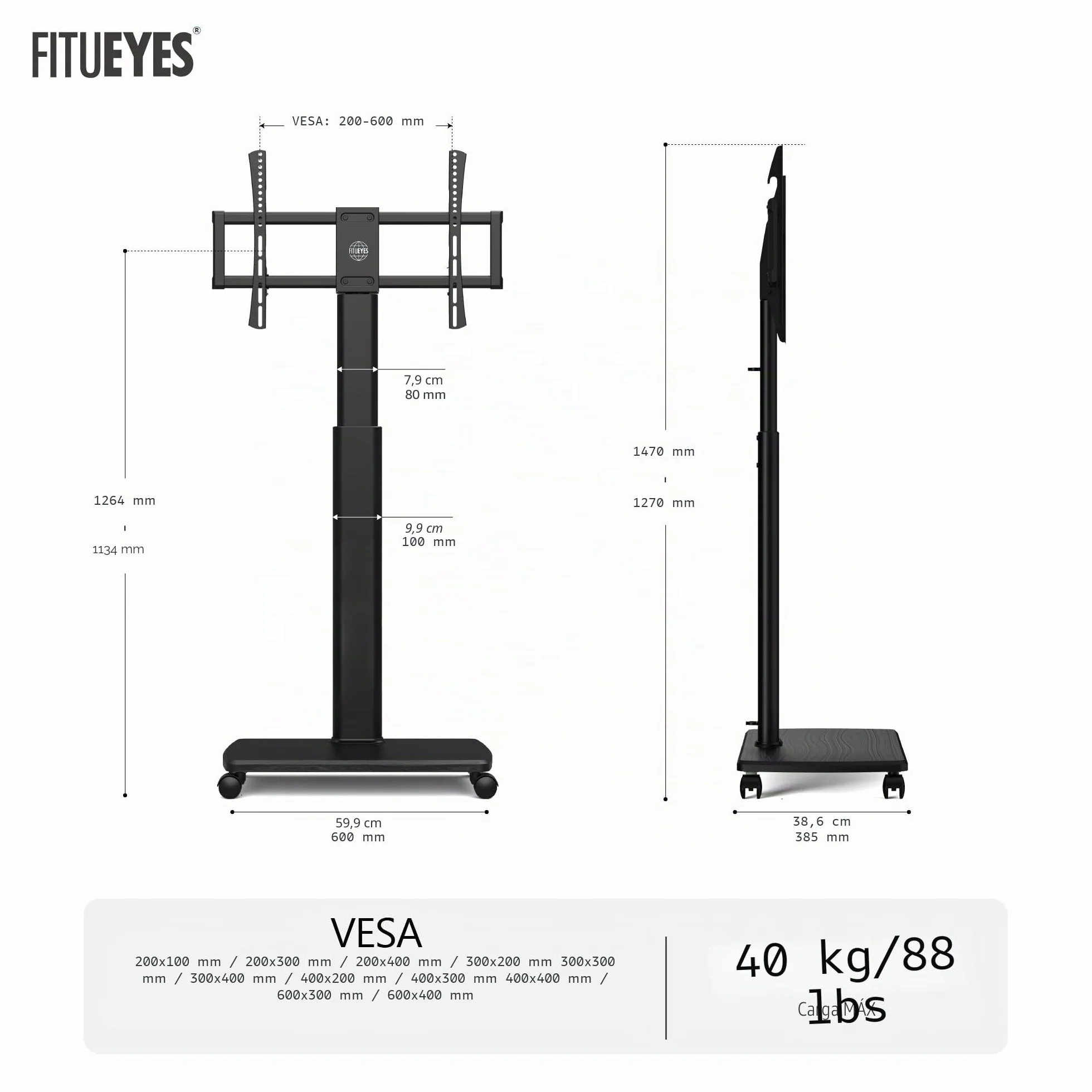 FITUEYES Soporte TV con Ruedas Serie E Base Madera 32-70 Pulgadas MAX VESA 600x400mm Giratorio Ajuste Altura