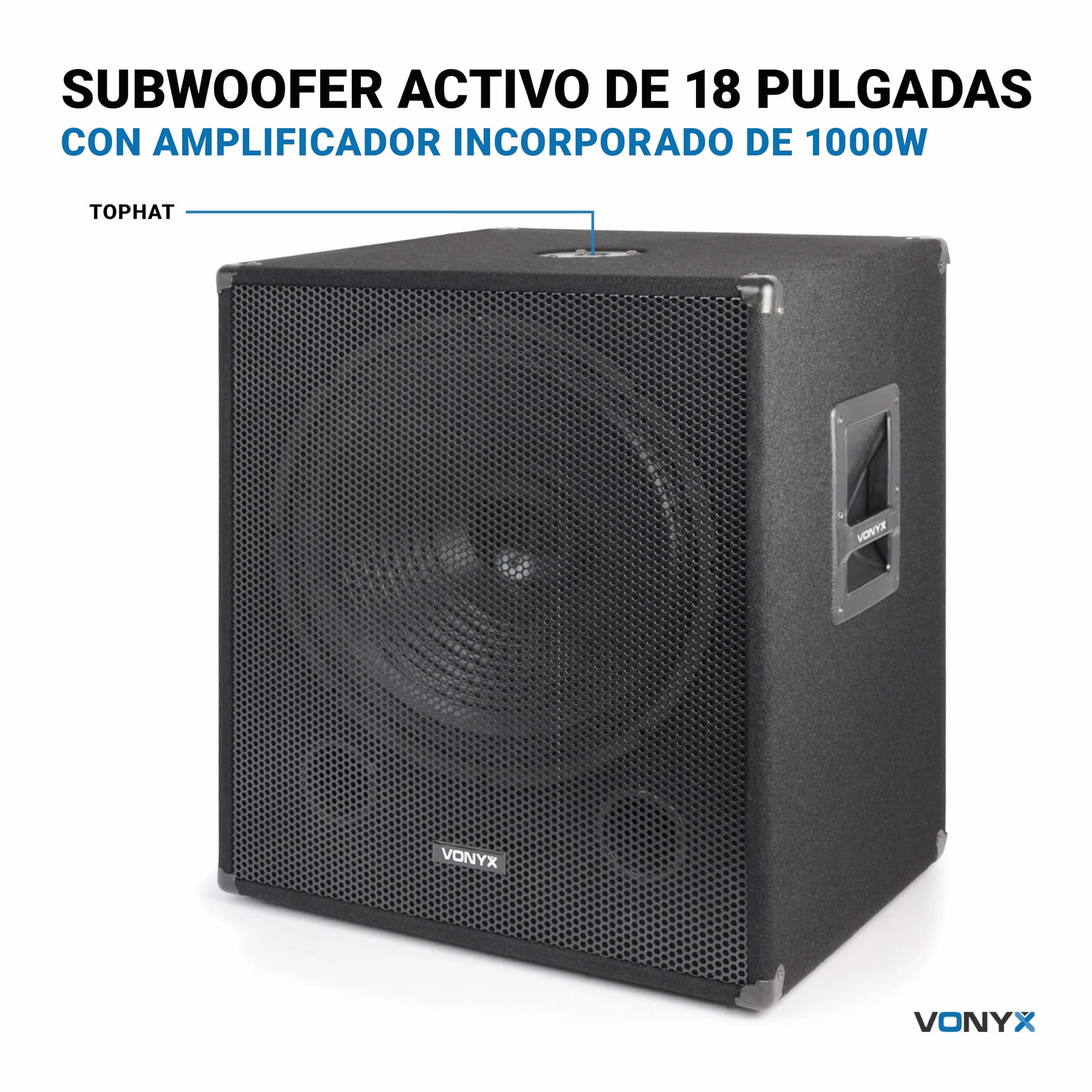 Vonyx SWA18 Subwoofer PA Activo 46cm (18") (500W Potencia máx, Conectores XLR RCA, Brida Estándar, Bass Reflex, Asa Transporte), Subwoofer Activo para DJ con Soporte y Revestimiento de Fieltro Negro