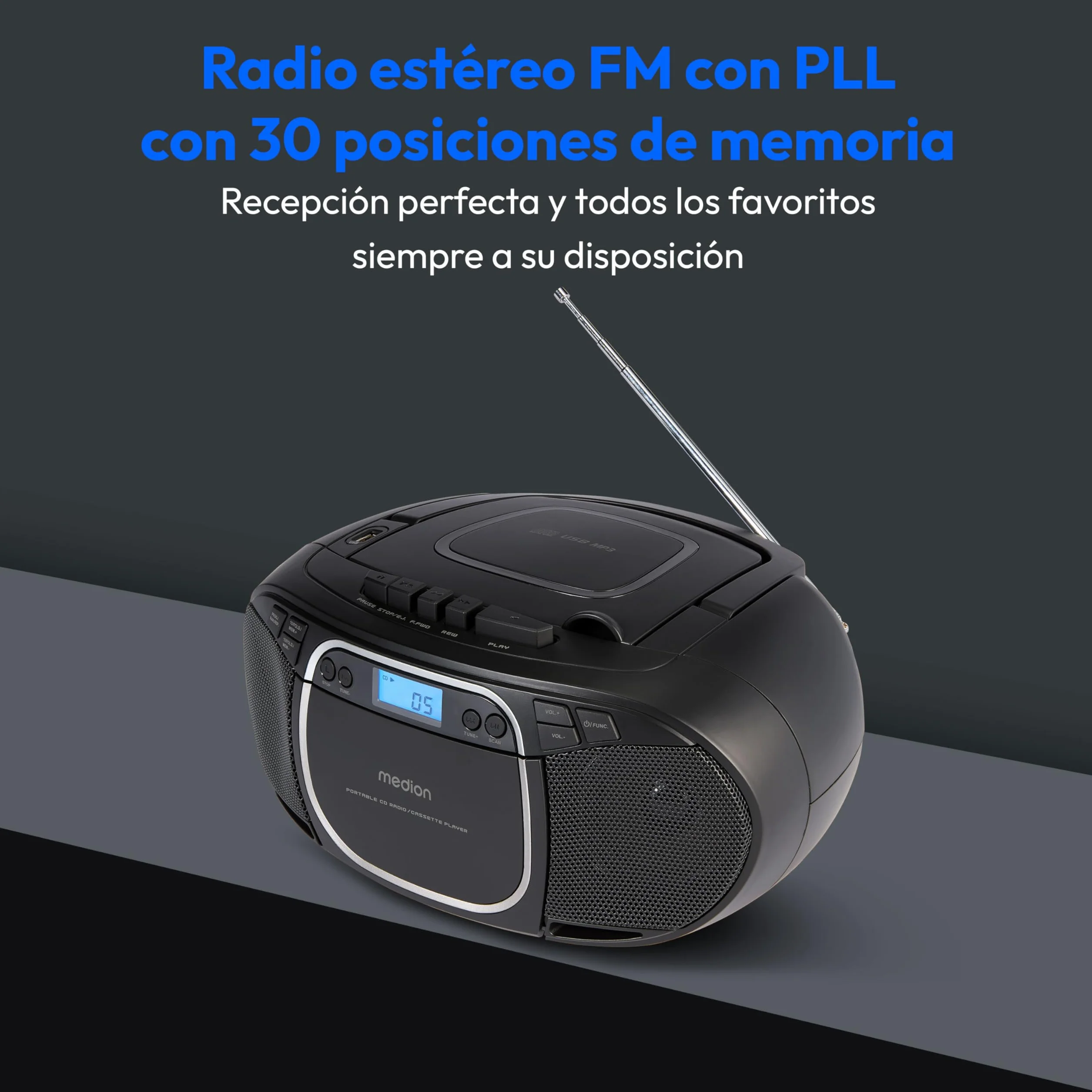 MEDION E66476 Sistema de Sonido estéreo Boombox, Reproductor de CD MP3 Casete, Radio FM, AUX, Negro