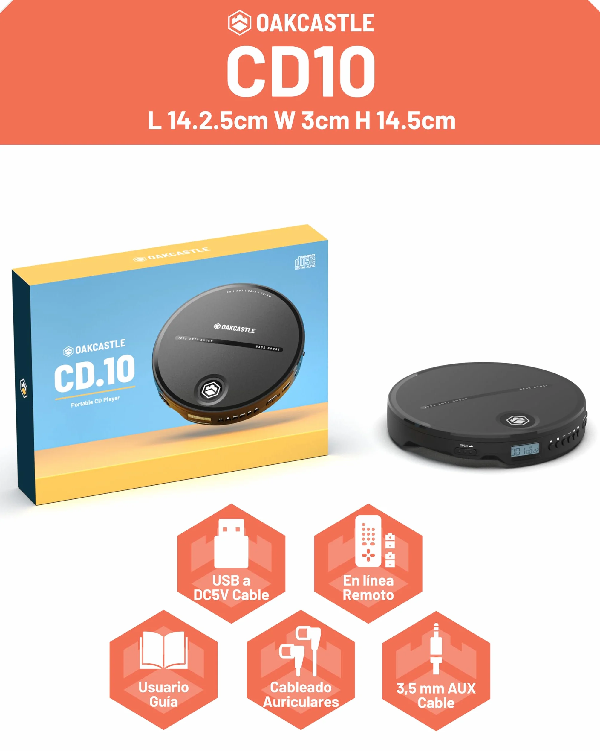 OAKCASTLE CD10 Reproductor CD Portatil con Bateria 7 Horas Auriculares Antichoque
