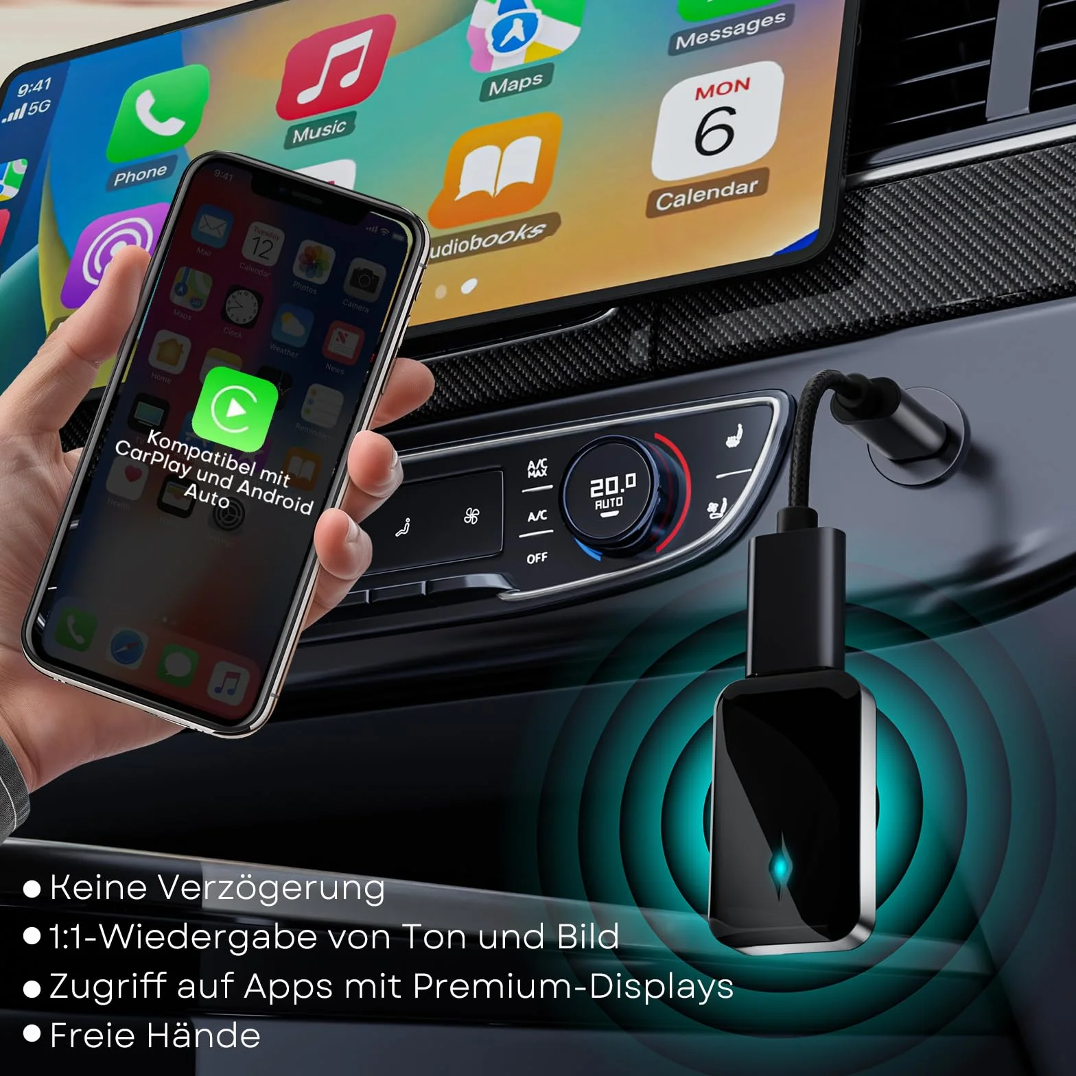 Adaptador inalámbrico para CarPlay, Adaptador Android Auto Inalámbrico de Conexión por Cable a Inalámbrica, Conectar y Usar, Mini y Estable, Compatible con iOS 9+ y Coches con CarPlay por Cable