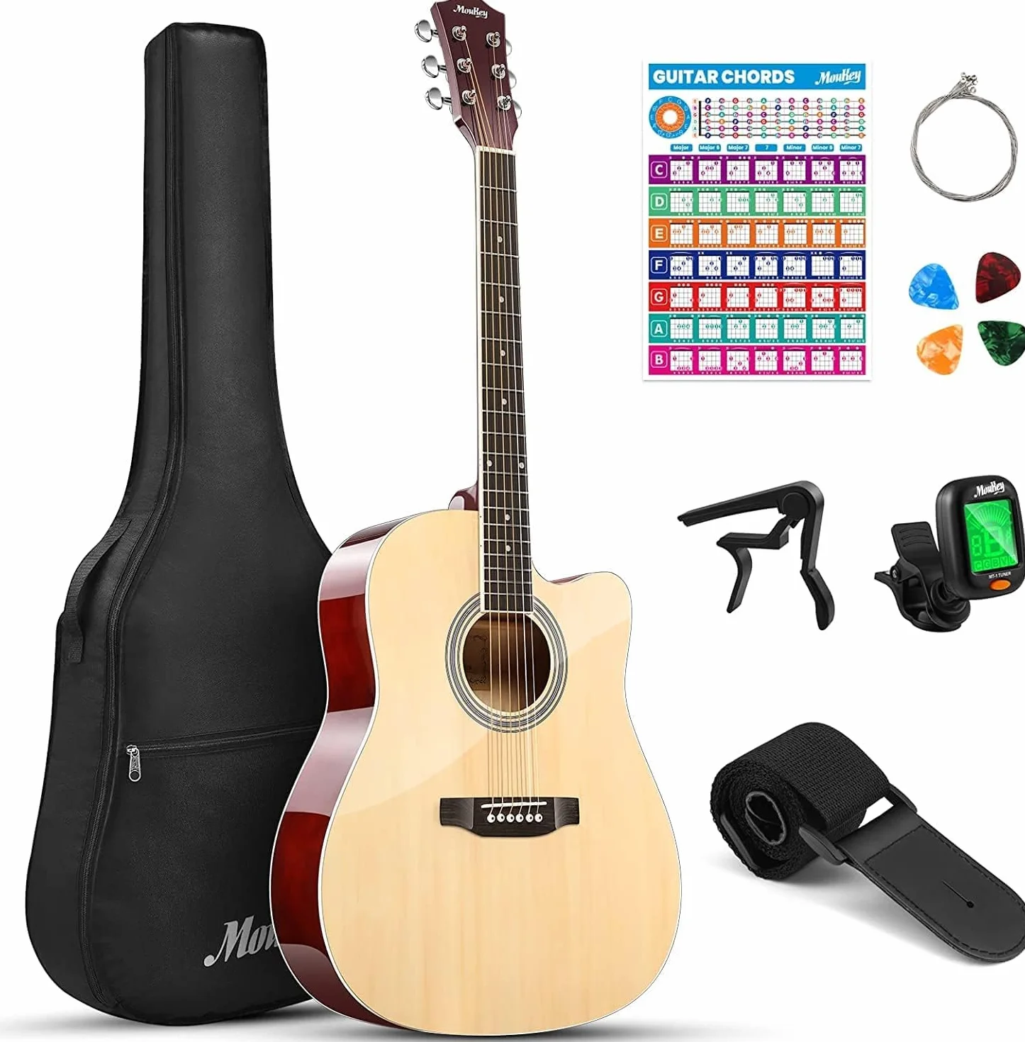 Moukey Acoustic Guitar Full Size Kits for Beginners Adults 4/4 41" Guitar Bundles with Chord Poster, Gig Bag, Tuner, Steel Strings, Strap, Natural