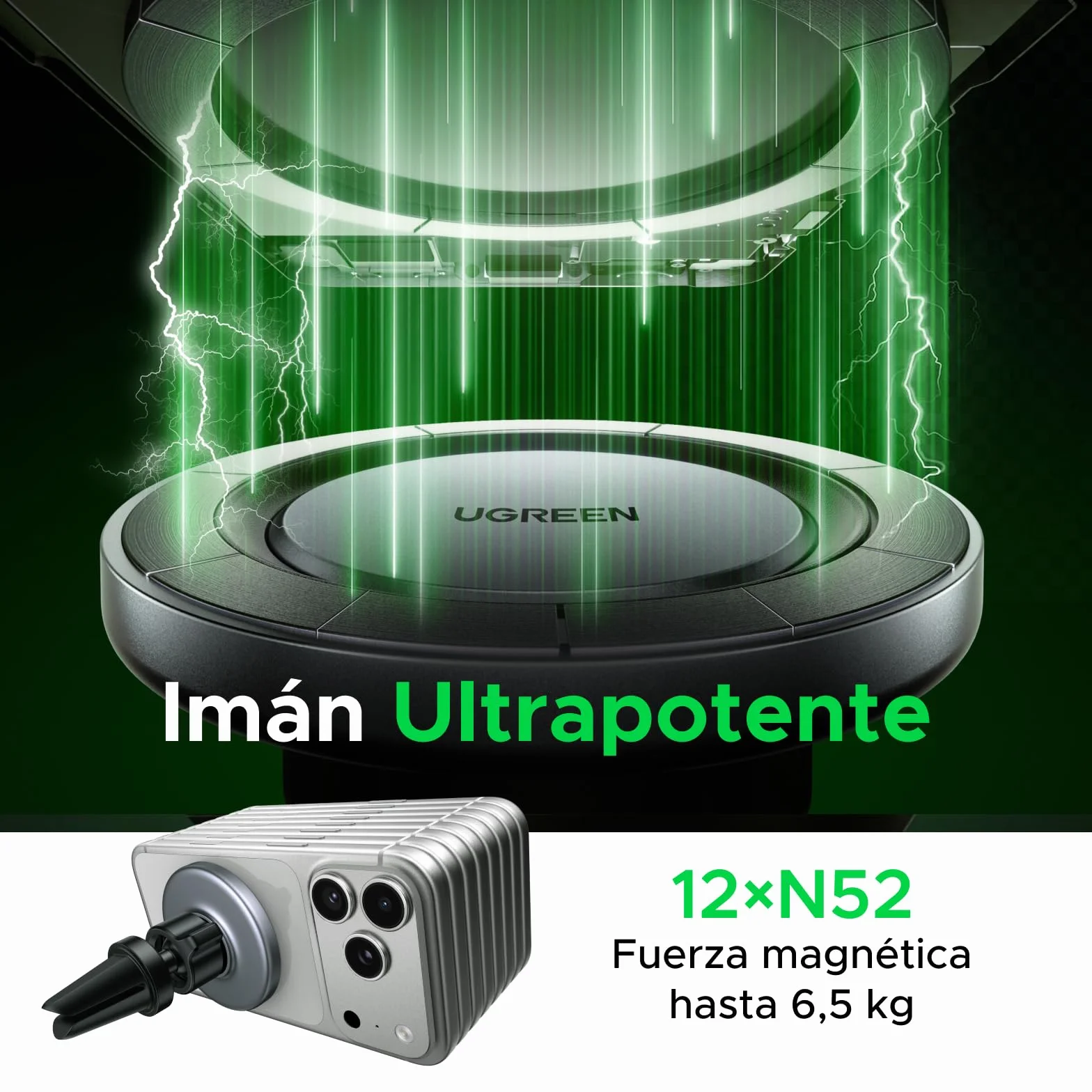 UGREEN Soporte Móvil Coche Magsafe, Suporte Magnético, Clip Rejilla Ventilación, iPhone 17 Pro MAX Air/16/15/14, Galaxy S25/S24, Google Pixel 10/9/8