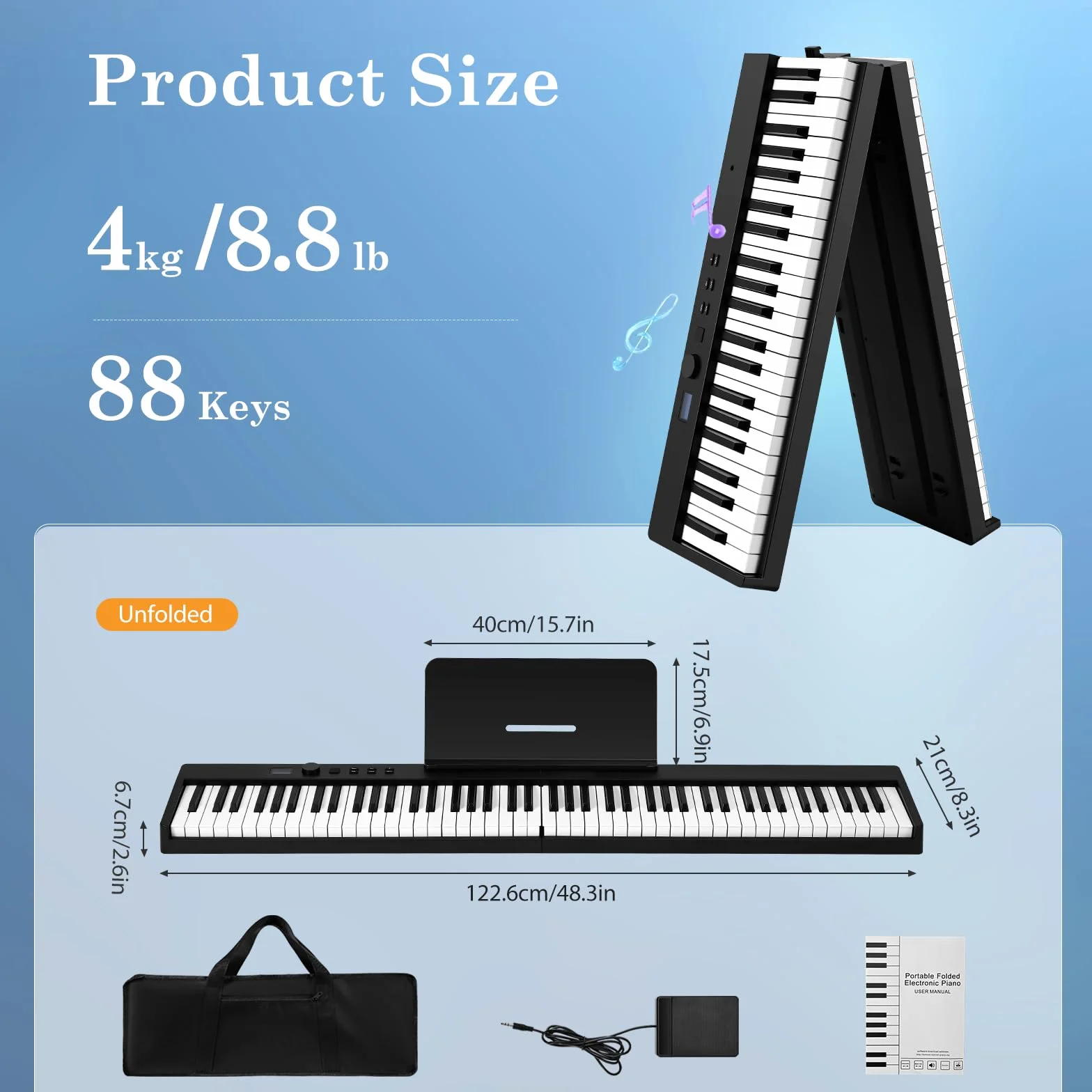 Teclado de Piano de 88 Teclas, Plegable Pianos digitales portátil, Digital Piano con teclas semi-ponderadas de tamaño completo para Principiantes, Teclado de Piano Digital Bluetooth