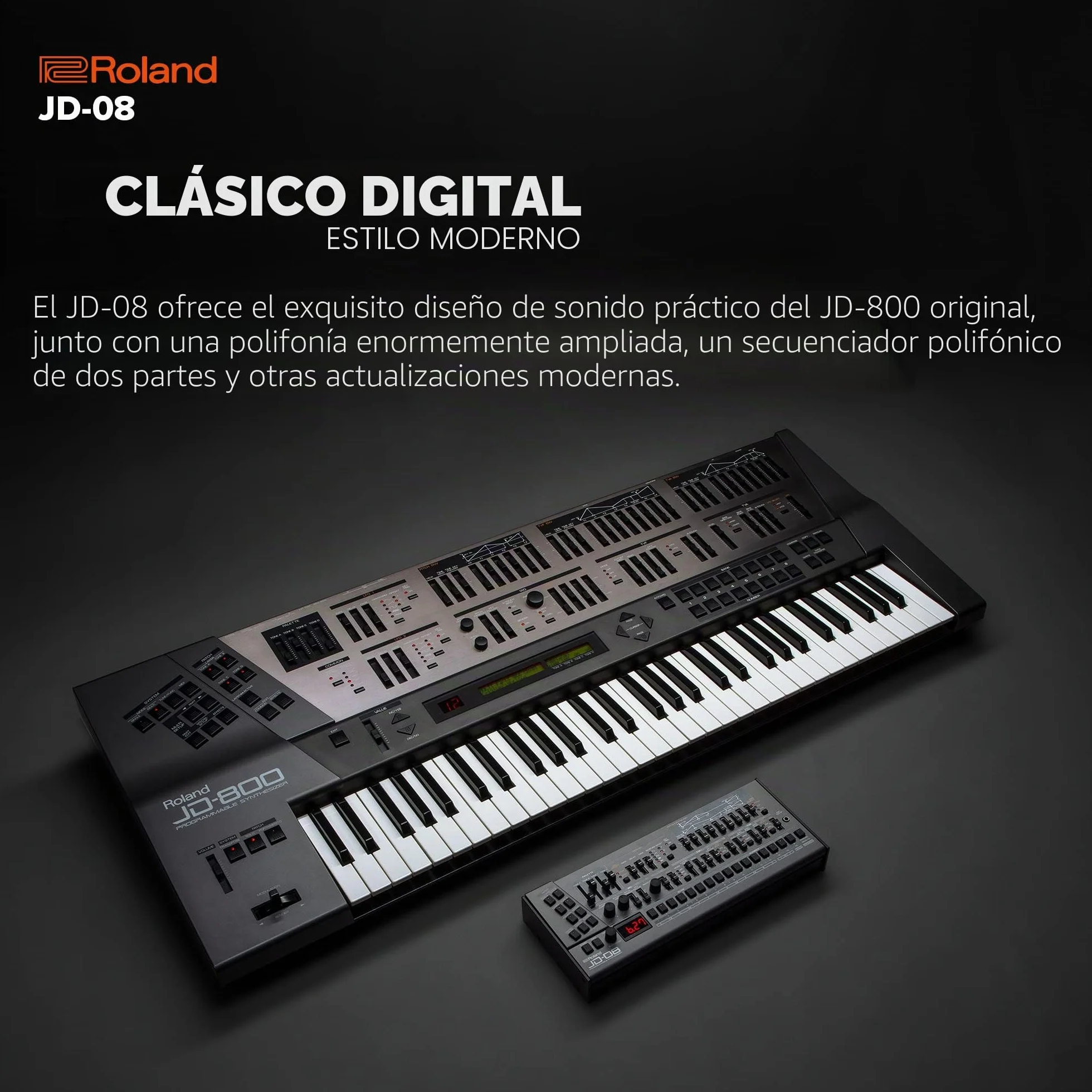 Sintetizador Boutique y módulo de sonido Roland JD-08 – Reedición moderna y compacta del mítico Roland JD-800 de los 90 con nuevos efectos, secuenciador polifónico y más – Ligero, portátil