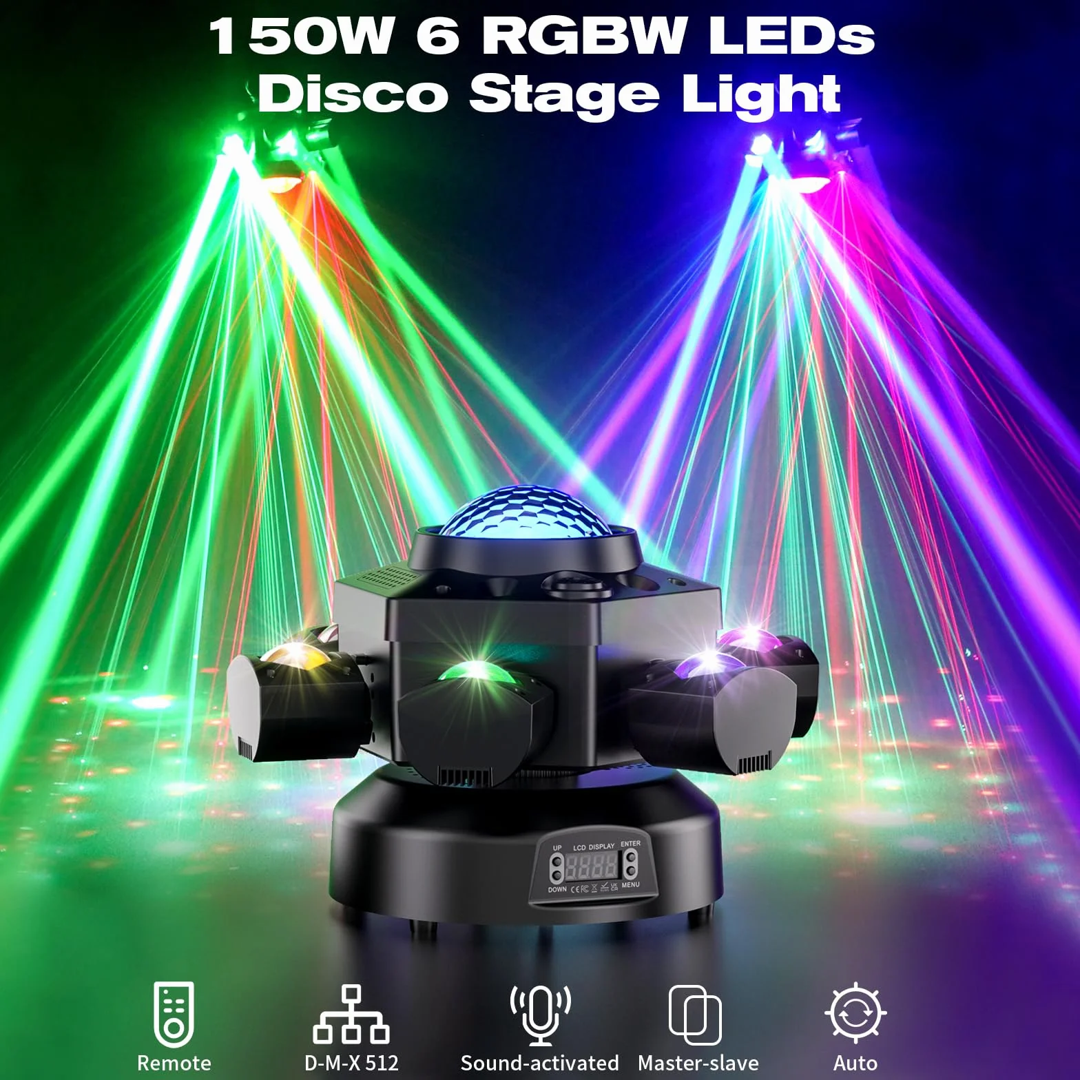 150W Escenario Luz de Cabeza Móvil, 6 LED 4 en 1 d-mx512 Haz Estroboscópico RGBW Mezcla de Colores Cielo Estrellado y Efectos de Bola Mágica Eje X 540° con Control Remoto para Boda Fiesta Teatro DJ