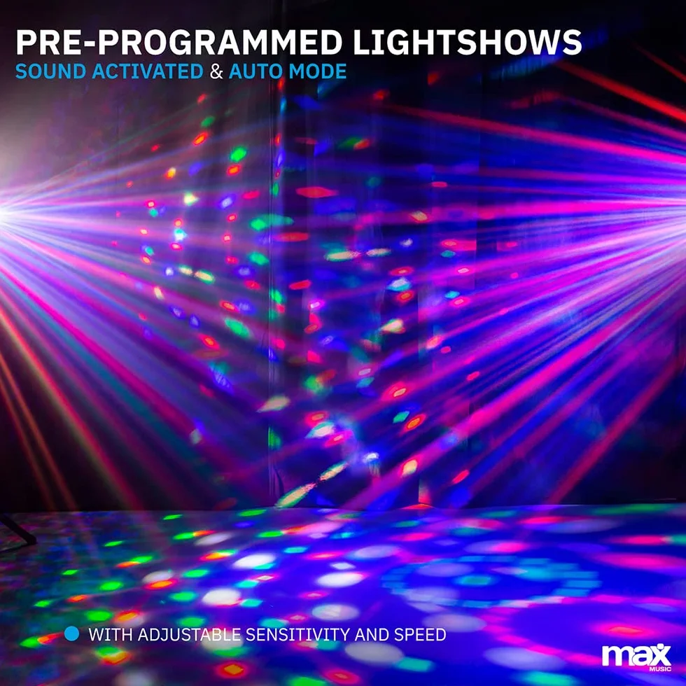Max PARTYBAR10 | Set Luces Discoteca 2x Jelly Moon, 2x Foco PAR y UV/Flash Estrobo, Luz Fiesta Iluminacion LED Modo automático o DMX, Mando a Distancia y Trípode incluido, Preset Shows, Luces DJ