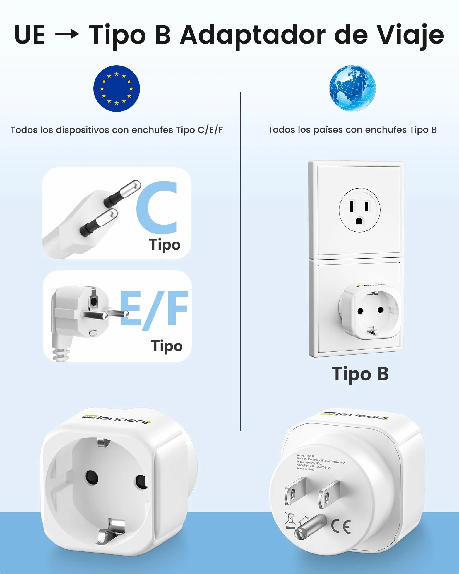 LENCENT 2 Piezas Adaptador Enchufe USA Tipo B de España a EE.UU., Adaptador 2-Pin Europeo a 3-Pin Estados Unidos para Estados Unidos, Canadá, México, Tailandia, Colombia, Dominicano, Cuba