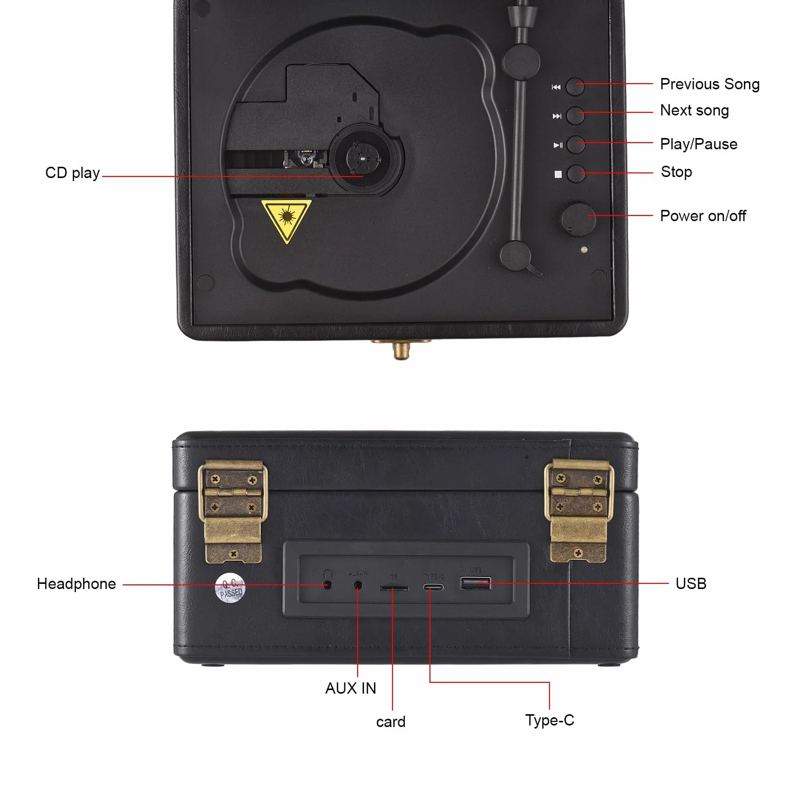 Reproductor de CD Retro Portátil con Altavoces Integrados, Batería 2000 MAh, Transmisión Inalámbrica, Negro