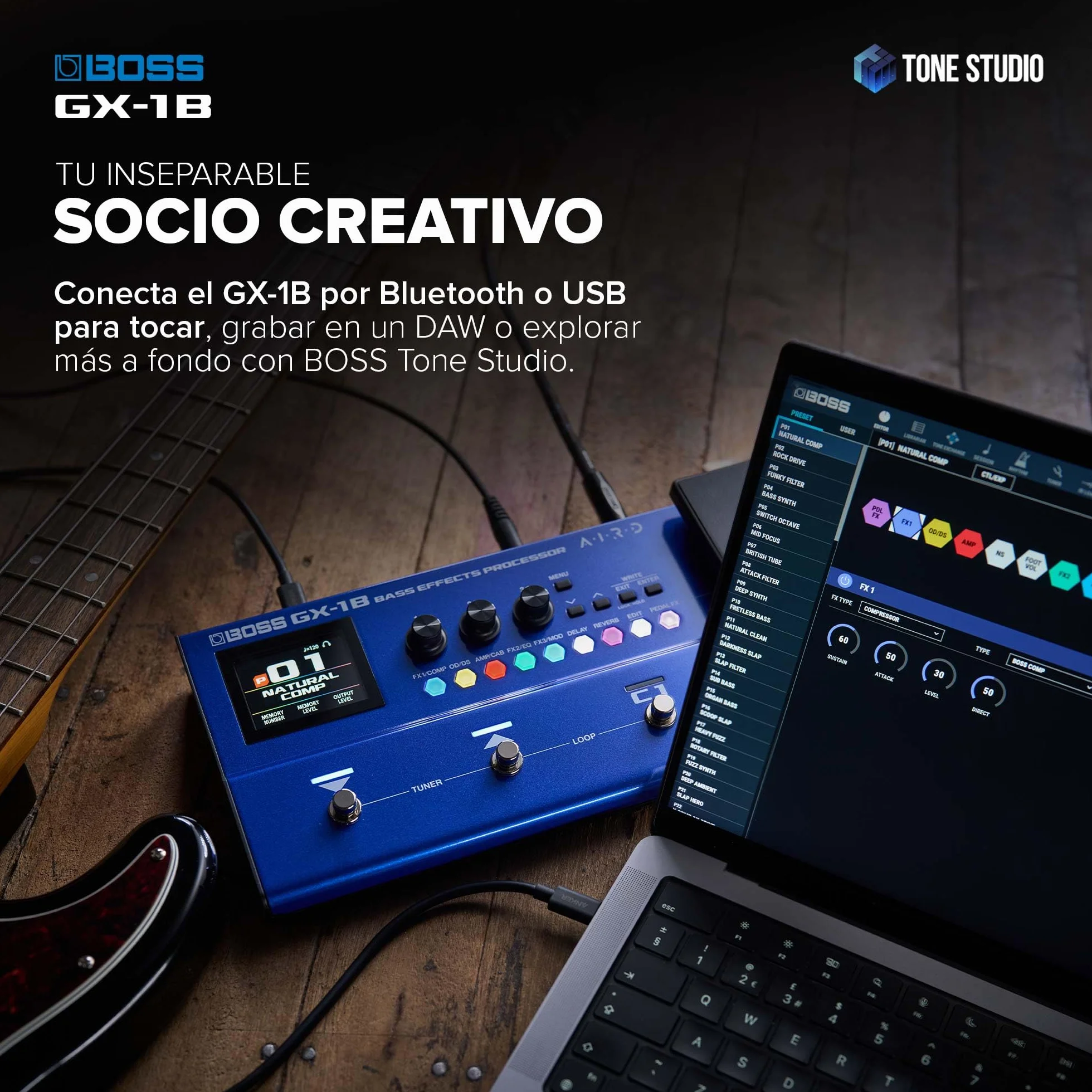 BOSS GX-1B | Procesador de efectos de bajo ultraportátil | Repleto de amplis y efectos emblemáticos | Generador de sonido AIRD prémium | Ideal para bajistas principiantes | Conectividad Bluetooth