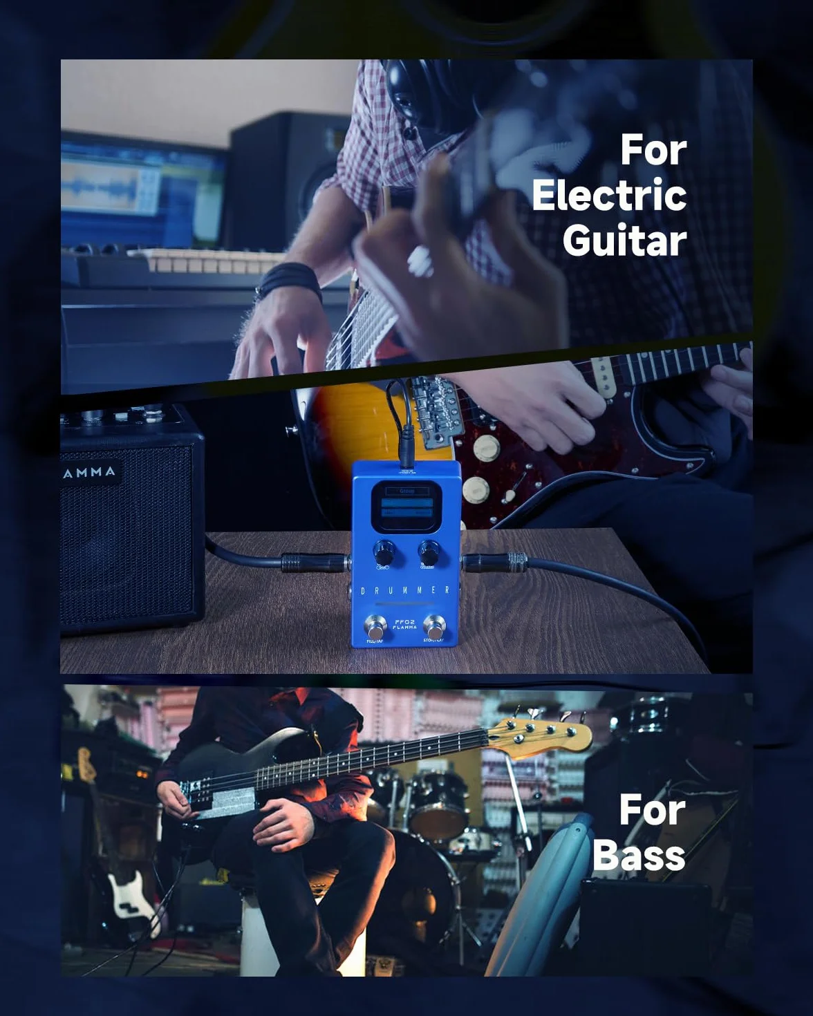 FLAMMA FF02 - Pedal de guitarra para máquina de tambor, 121 ranuras de tambor, 11 géneros musicales, ritmo personalizable, E/S estéreo para uso en vivo y estudio
