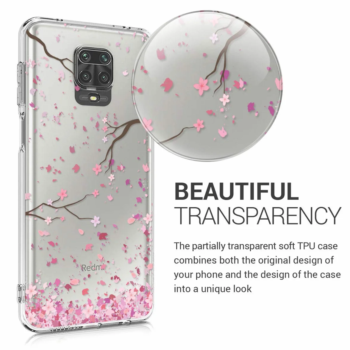 kwmobile Funda Silicona TPU Compatible con Xiaomi Redmi Note 9S / 9 Pro / 9 Pro MAX Flores Cerezo cayendo Rosado Suave