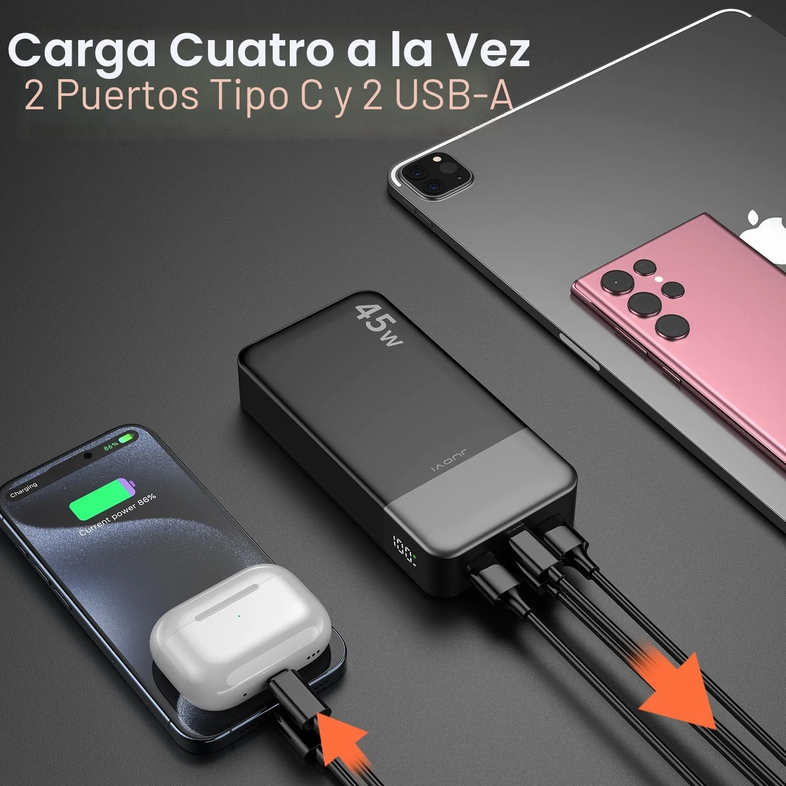 JUOVI Banco de Energía 20000mAh 45W Carga Rápida con Pantalla LED USB C Power Bank para Samsung iPhone 15 14 13 Pro MacBook