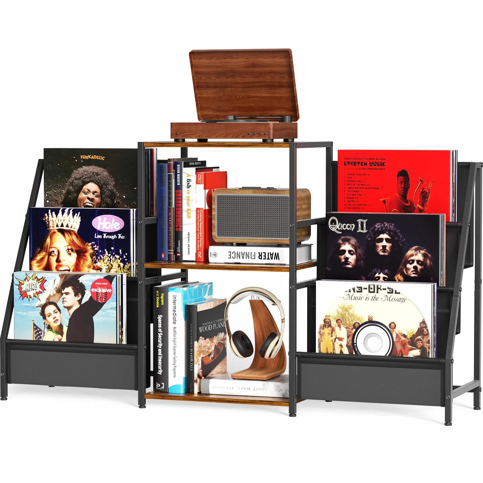 Soporte tocadiscos, mesa auxiliar de 3 niveles, almacenamiento de discos de vinilo de hasta 200 álbumes, 123 x 30 x 73 cm, soporte de mesa giratoria para la visualización y almacenamiento en