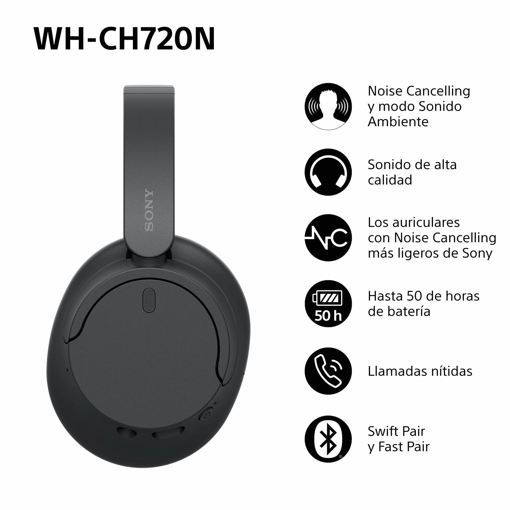 Sony WH-CH720N Auriculares Inalámbricos Bluetooth Noise Cancelling de Diadema, Sonido de , modo Sonido Ambiente, Diseño Ligero, hasta 35 horas de batería, iOS y Android - Negro