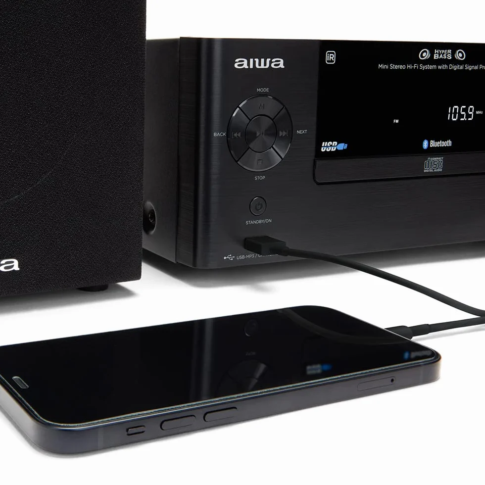 Aiwa MSBTU-500 - Microcadena con Mando a Distancia, (Hi- Fi, Bluetooth, Equipo De Sonido, CD, USB-Carga, MP3, Radio FM, 50W (RMS),Diseño Compacto, Ecualizador)-Color Negro
