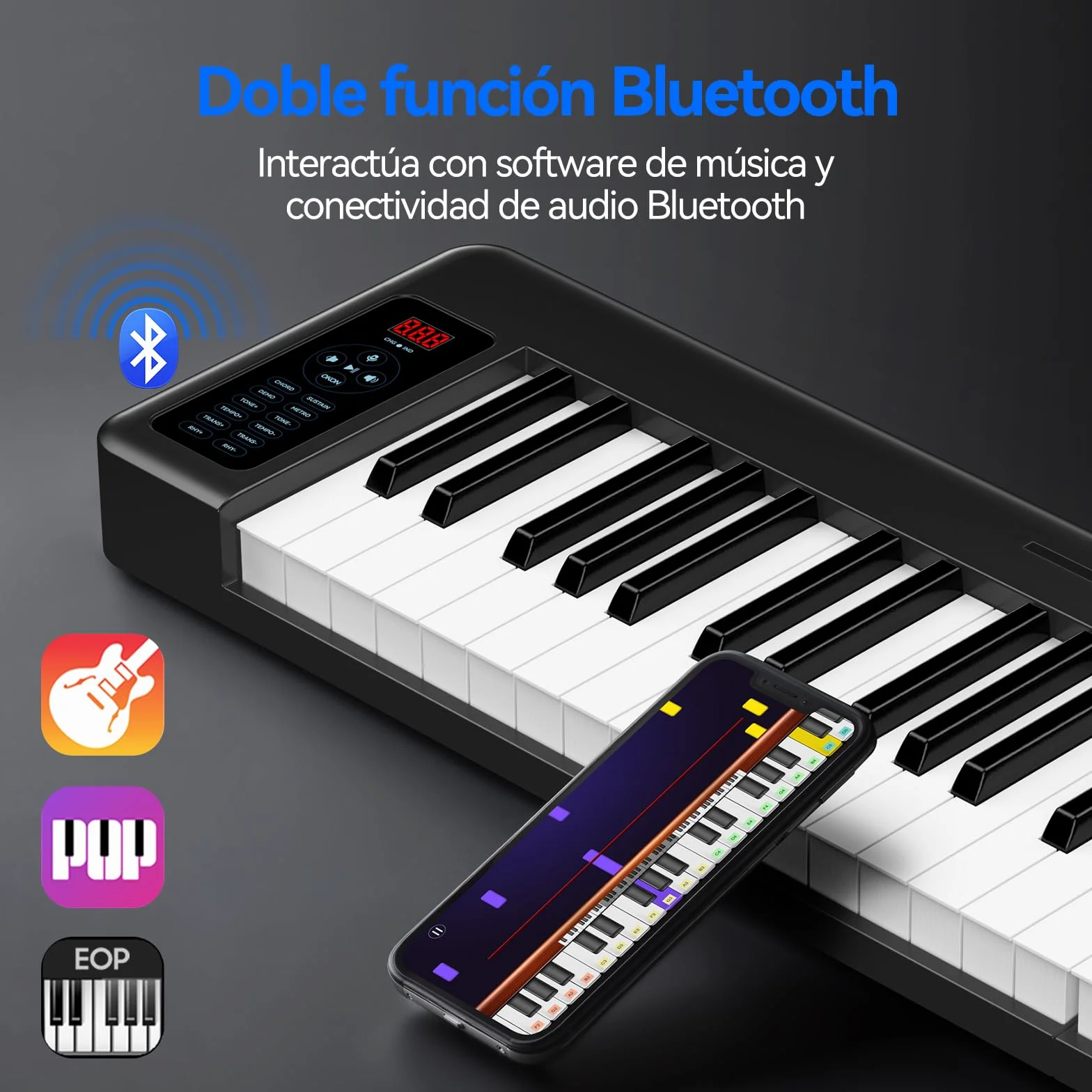 Rhymo Teclado Piano Plegable, 61 Teclas Piano Eléctrico Sensible, Teclado Eléctrico Portátil Contrapesado con Bluetooth MIDI, Teclado Digital Plegable para Principiantes, Viajar