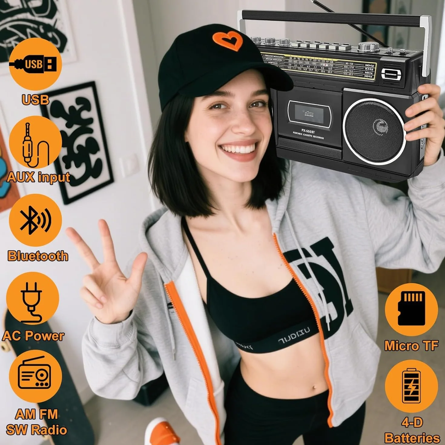 Reproductor de casetes con Bluetooth y radio (AM/FM/SW) | Digitalización de casetes a USB | Sonido estéreo, 10W, reproductor de casetes, reproducción USB/TF, alimentación por red/batería Boombox