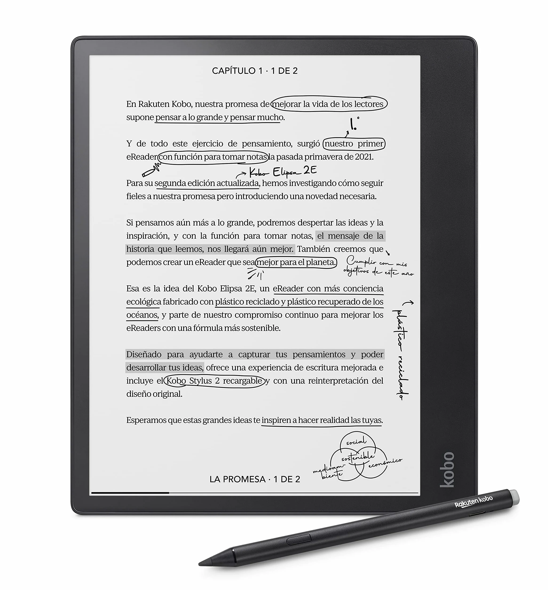 Kobo Elipsa 2E eReader 10,3" Pantalla Táctil Antirreflejos ComfortLight Pro Incluye Kobo Stylus 2 Brillo Ajustable Wi-Fi 32 GB