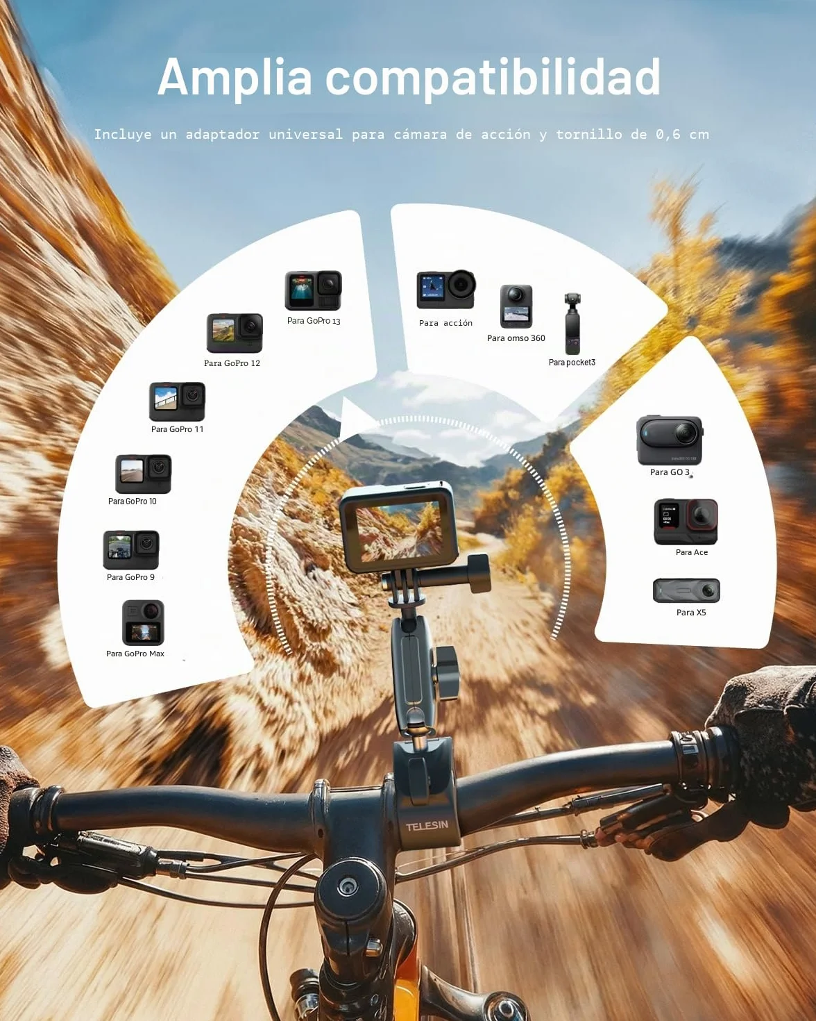 TELESIN Soporte de Moto/Bicicleta para DJI Osmo Action 6/5 Pro, Pocket 4/3, GoPro Hero 13/12/11/10, Insta360, Accesorio para Acción Cámara Aleación de Aluminio con Rotación 360° y Adaptador 1/4"-20 mm