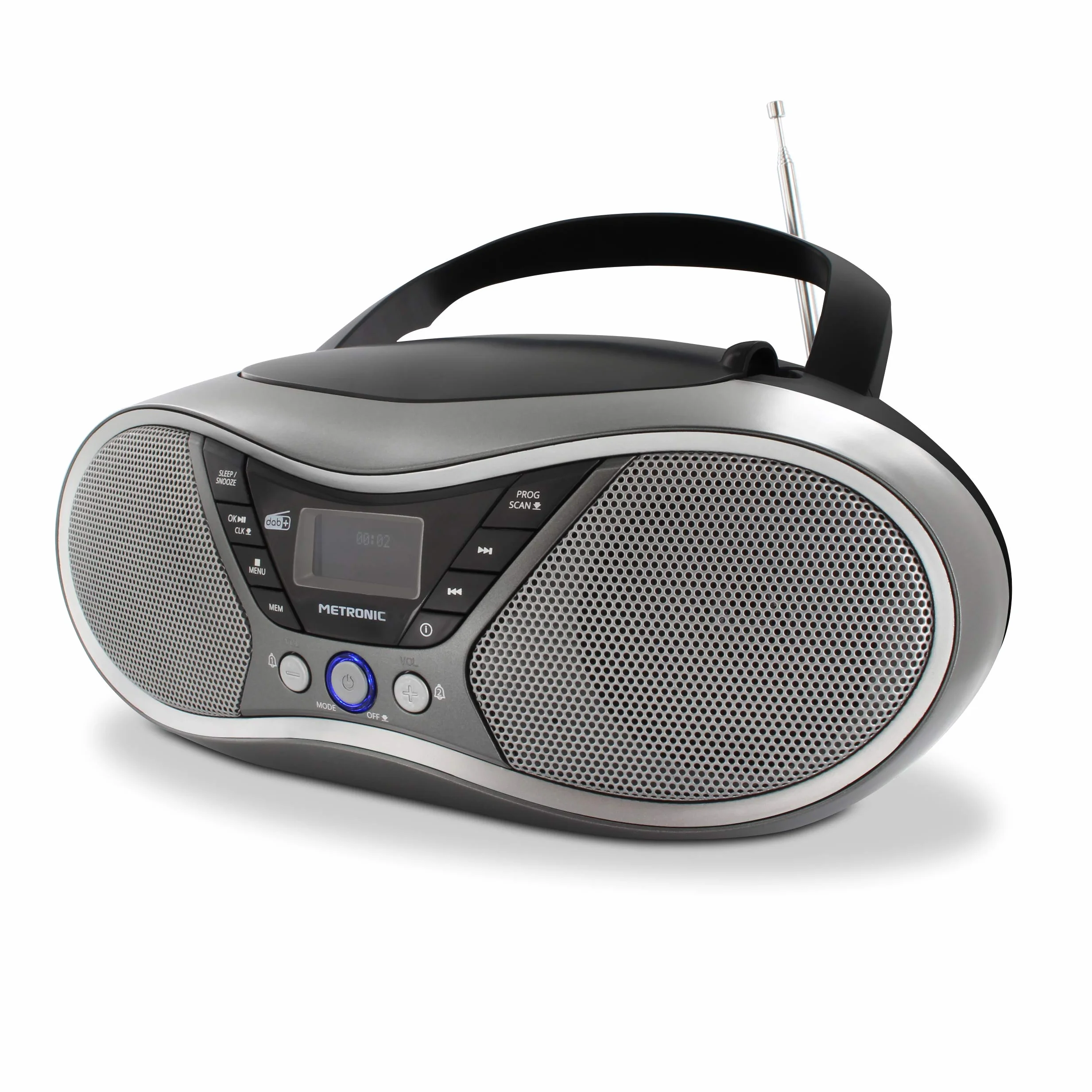 Metronic Radio CD portátil con USB MP3 FM RDS DAB+ entrada audio salida auricular doble alarma gris negro